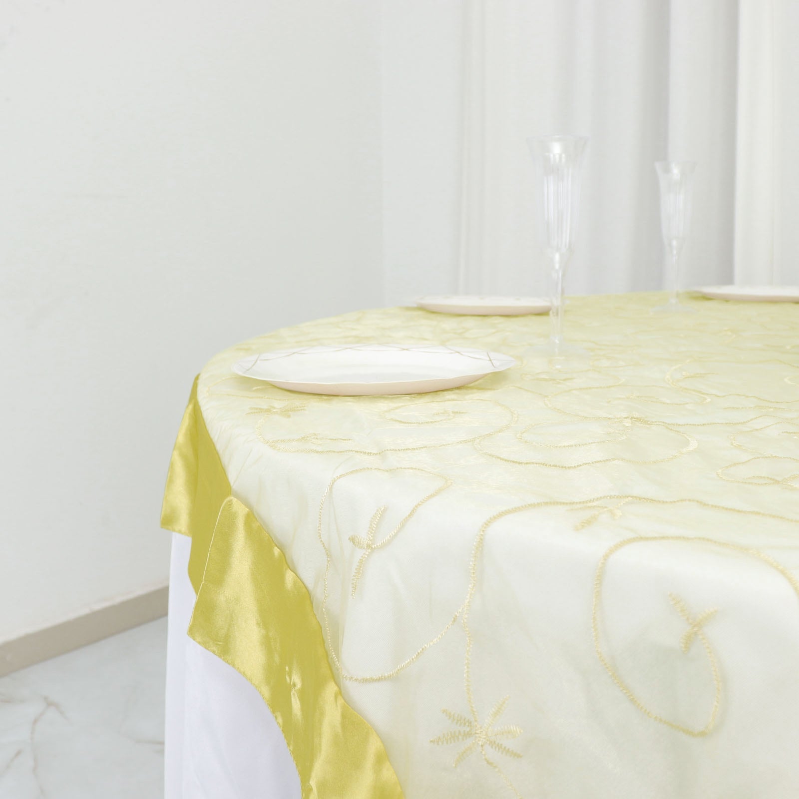 60x60 Yellow Embroidered Sheer Organza Square Table Overlay With Satin Edge