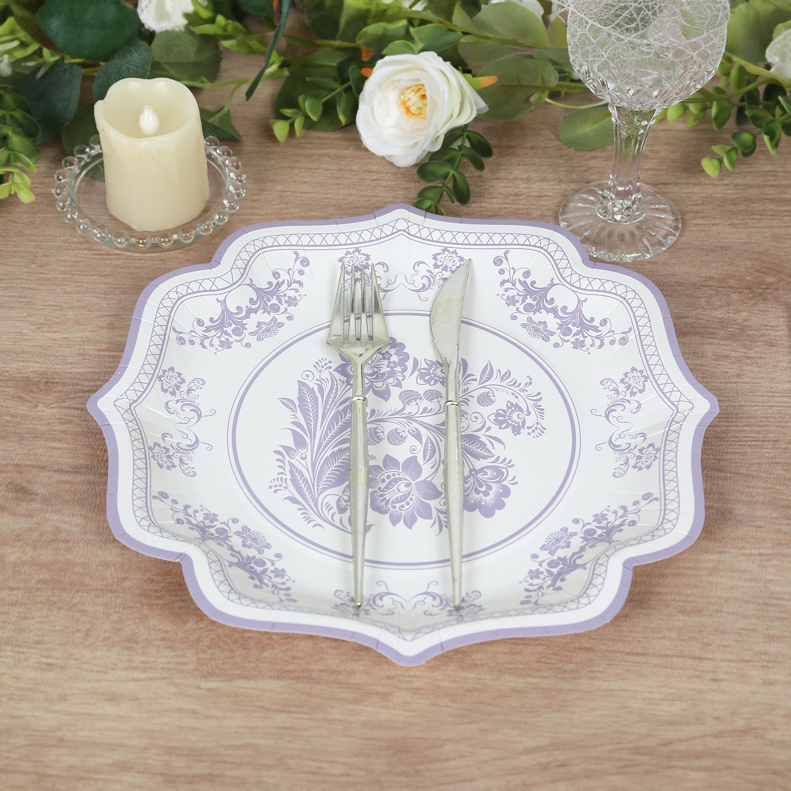 25-Pack Paper Dinner Plates in White with Lavender Lilac French Toile Print & Scallop Rim - Stylish Disposable 300GSM Floral Party Plates 10