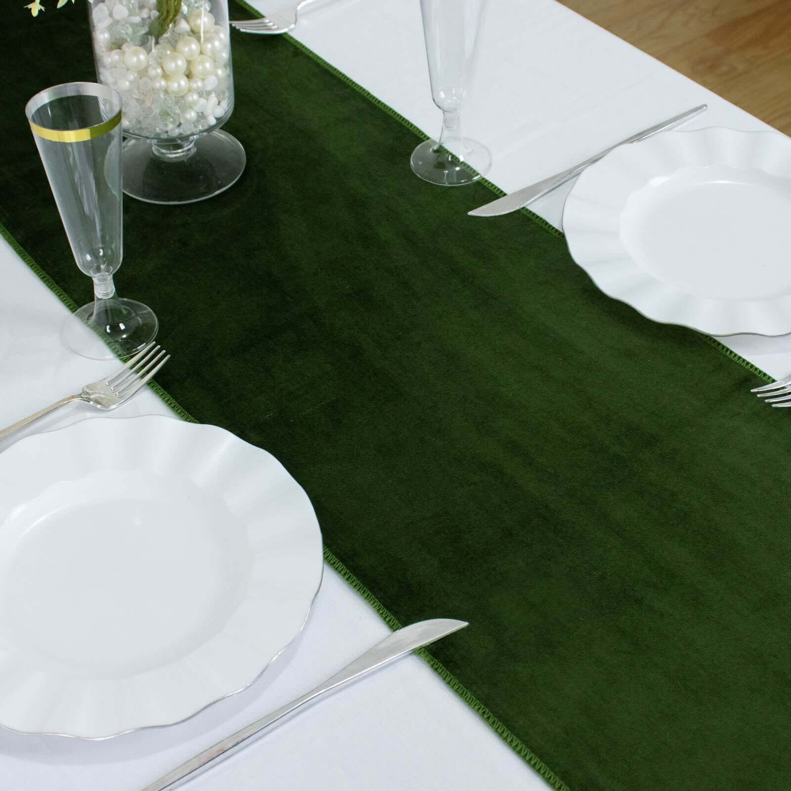 Premium Velvet 12x108 Table Runner Olive Green - Sheen Finish Reusable Table Decor