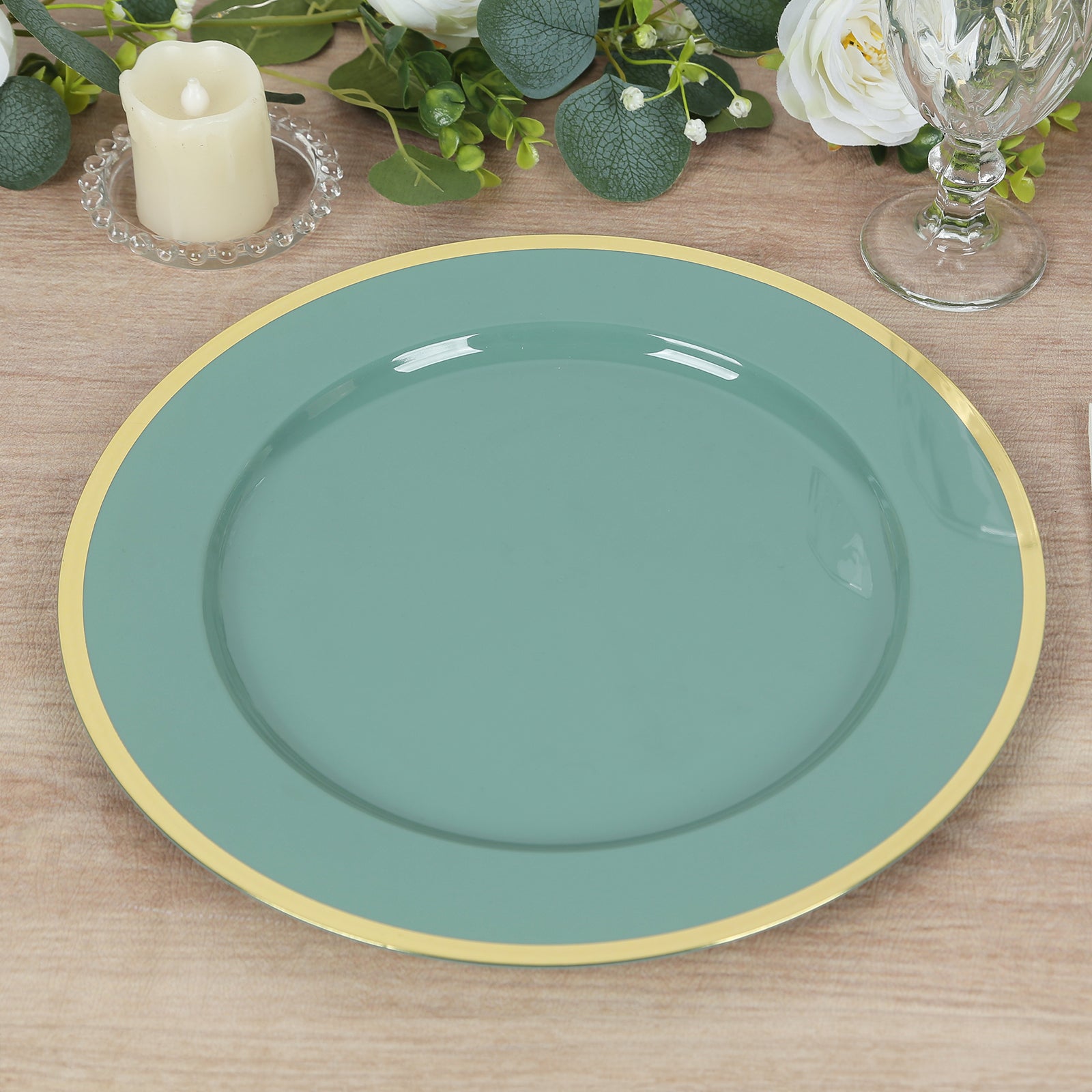 10-Pack Economy Plastic Round Charger Plates 12 in Dusty Sage Green with Wide Gold Rim, Decorative Dinner Party Serving Plates