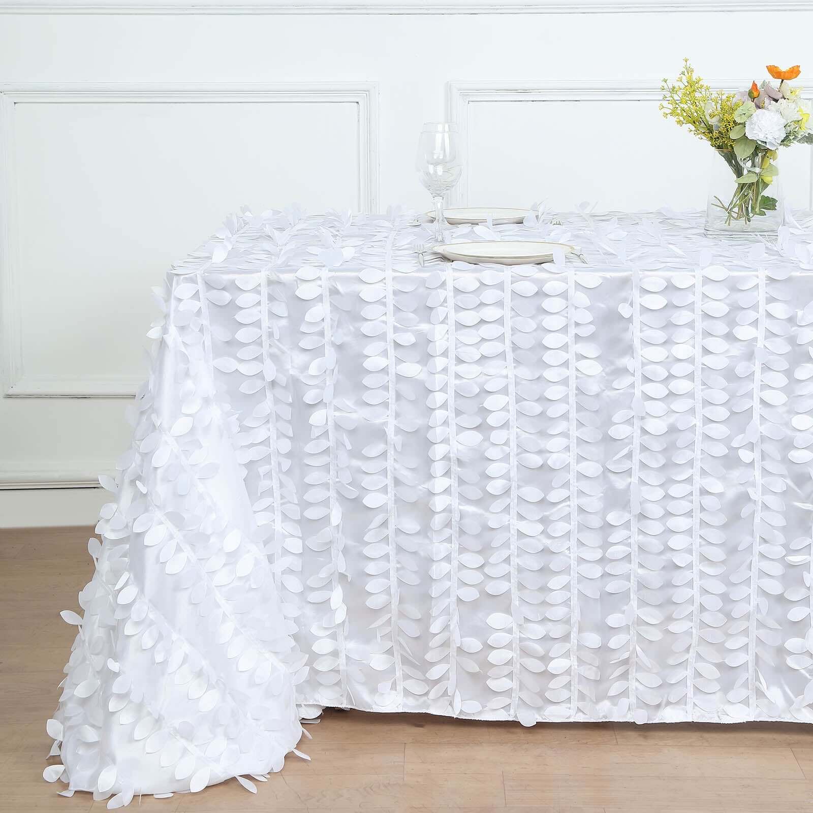 Taffeta 90x156 Rectangle Tablecloth White | 3D Leaf Petal Design Seamless Table Cover for Stylish Wedding & Event Decor
