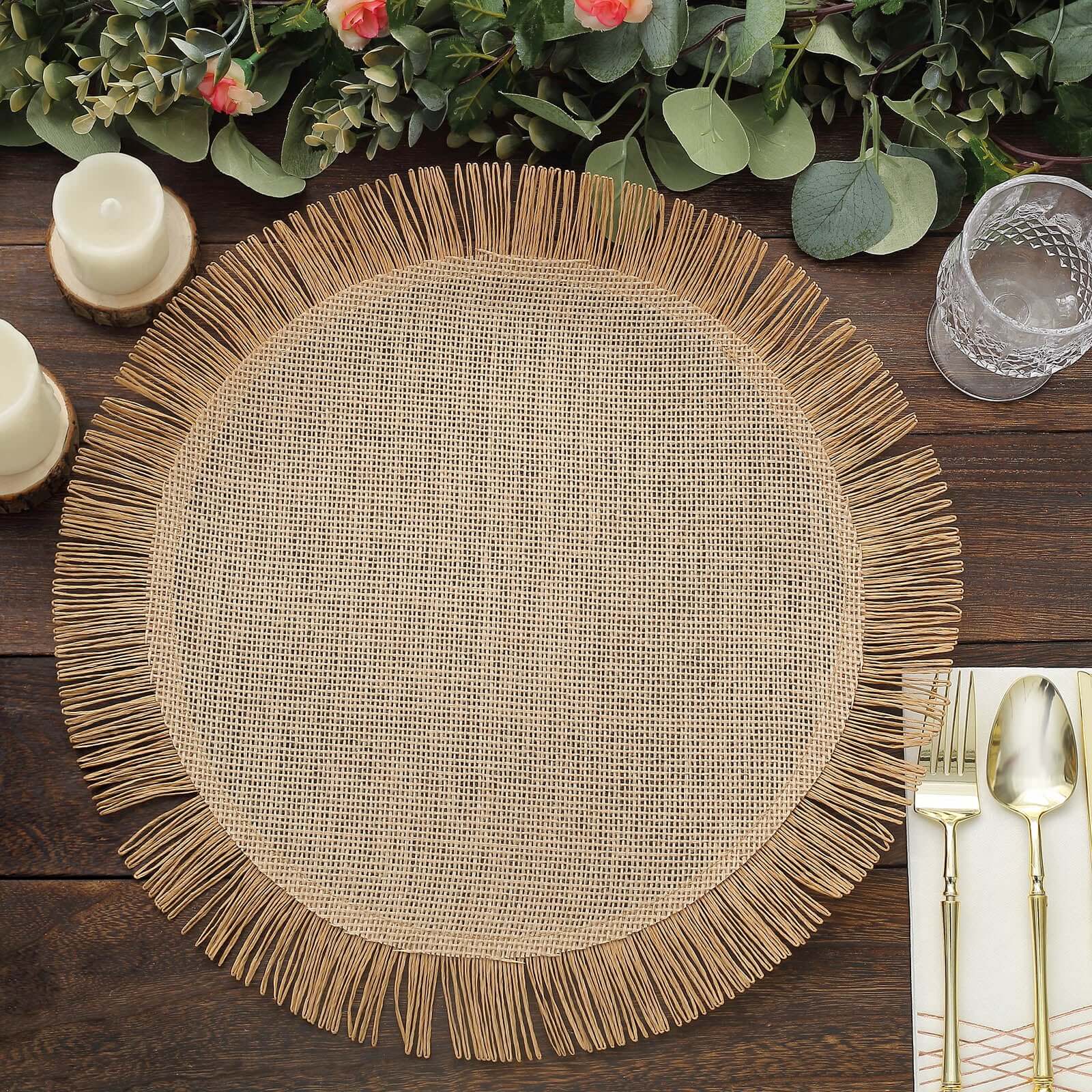 4-Pack Placemats Fringe Edge Design Natural Jute Round - Rustic Boho Chic Burlap Table Decor 16