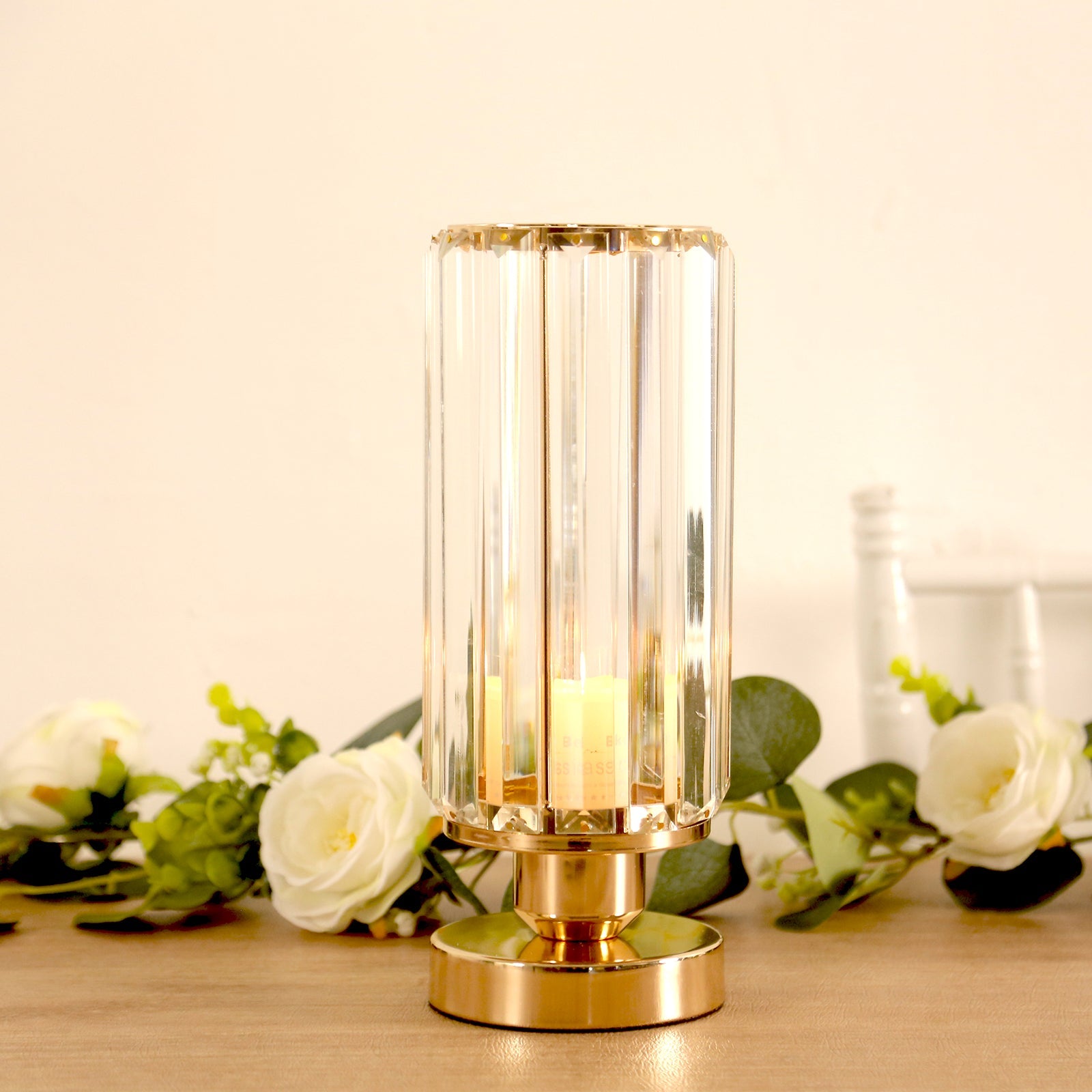 2 Pack 11 Crystal Pendant Hurricane Candle Holders in Gold, Elegant Cylinder Design for Pillar Candles, Short-Stemmed, Decorative Table Centerpieces