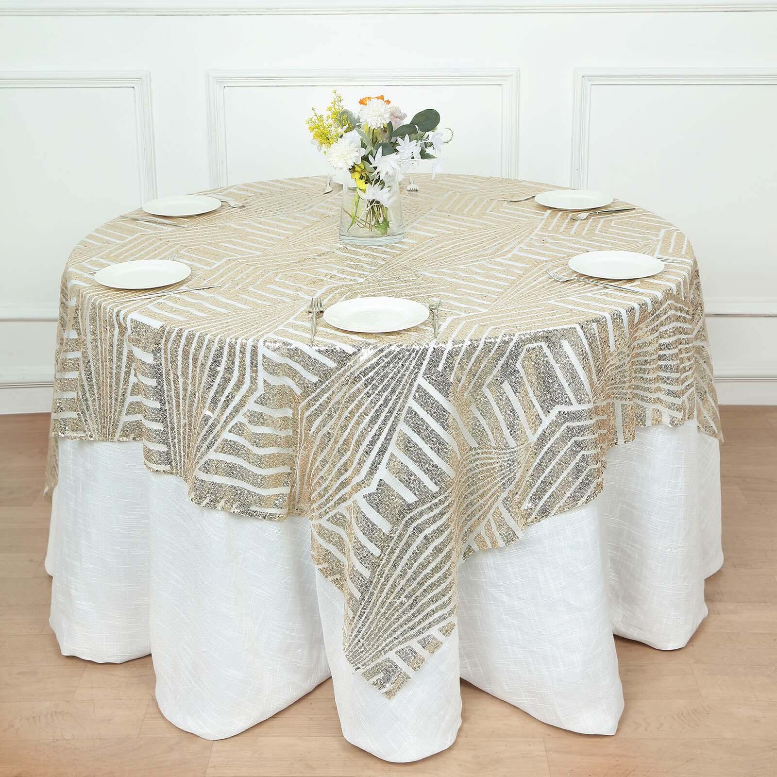 Sequin 72 Table Overlay Square Tablecloth Champagne - Diamond Glitz Table Cover