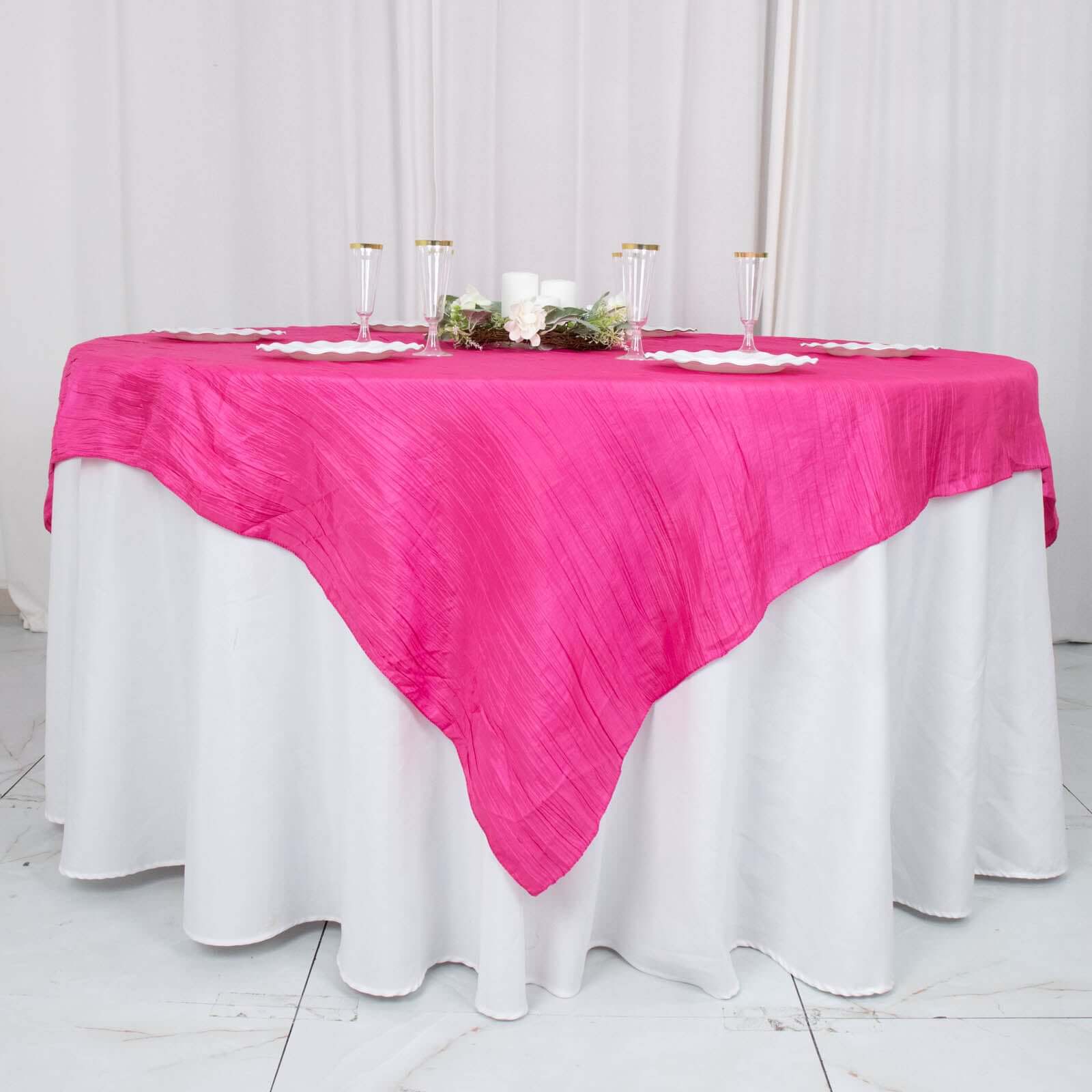 Taffeta 72x72 Table Overlay Square Tablecloth Fuchsia - Accordion Crinkle Table Cover