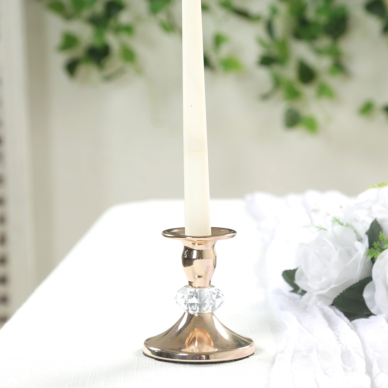 6 Pack 3.5 Gold Metal Taper Candle Holders with Crystal Ball Center, Vintage Candlestick Stands