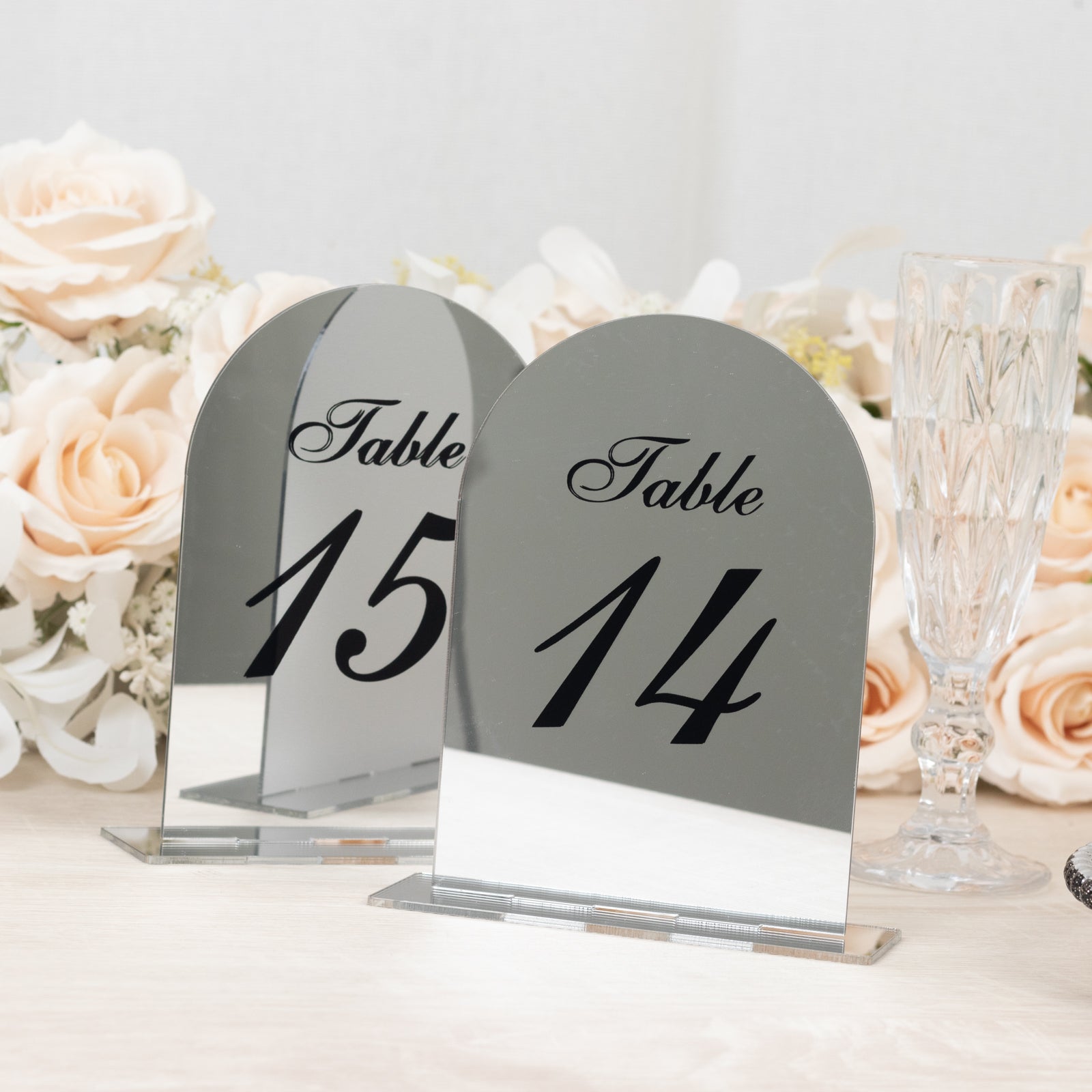 Silver Mirror Arch Acrylic Table Numbers (11-20) - 6x7 Wedding Reception Signs with Black Print & Stands