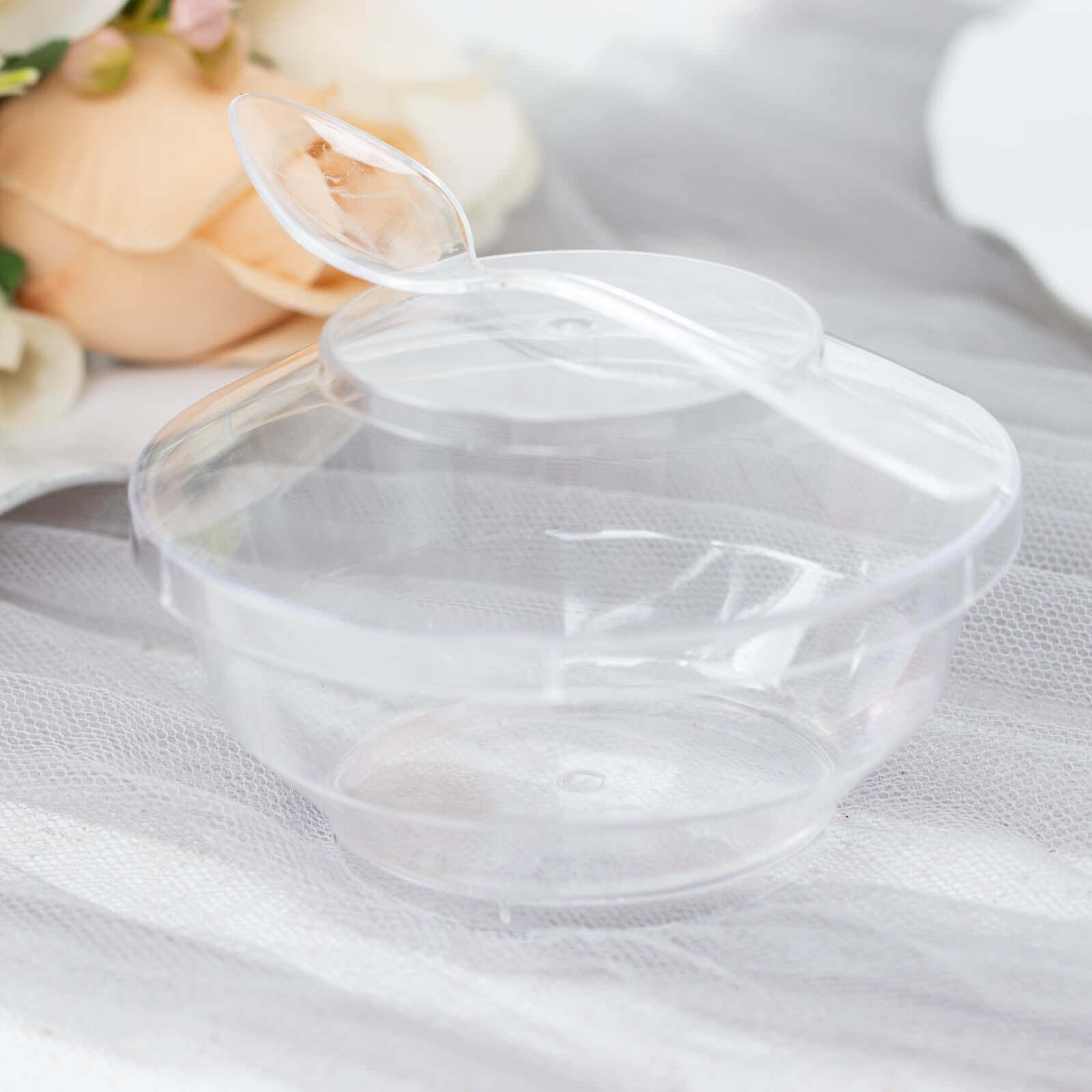 24-Pack Plastic Mini Party Bowl Set Clear with Lid and Spoon - Ideal for Desserts 3.5oz