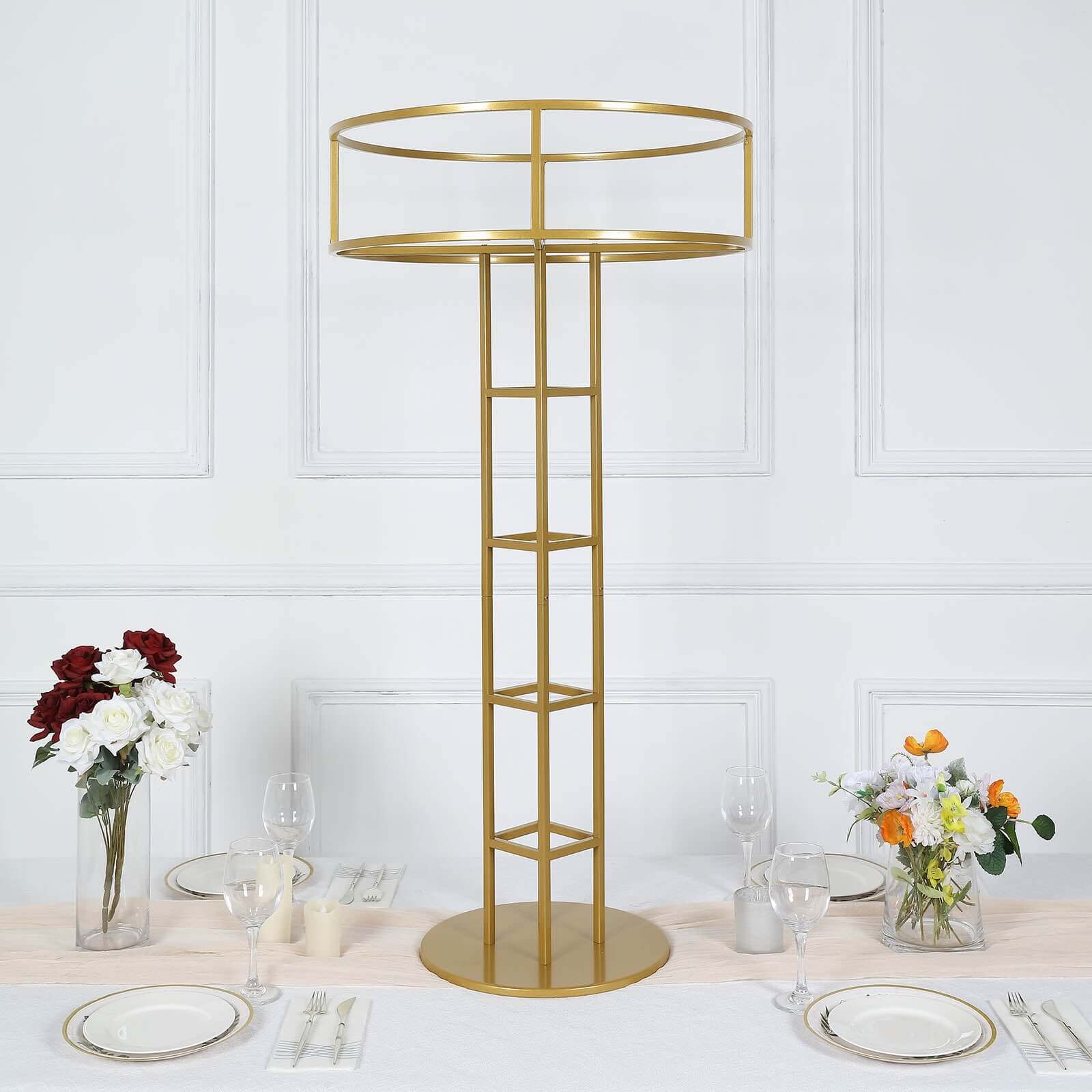 Metal Wedding Centerpiece Open Frame Design Gold - Grand Halo Top Floral Riser Pedestal 46