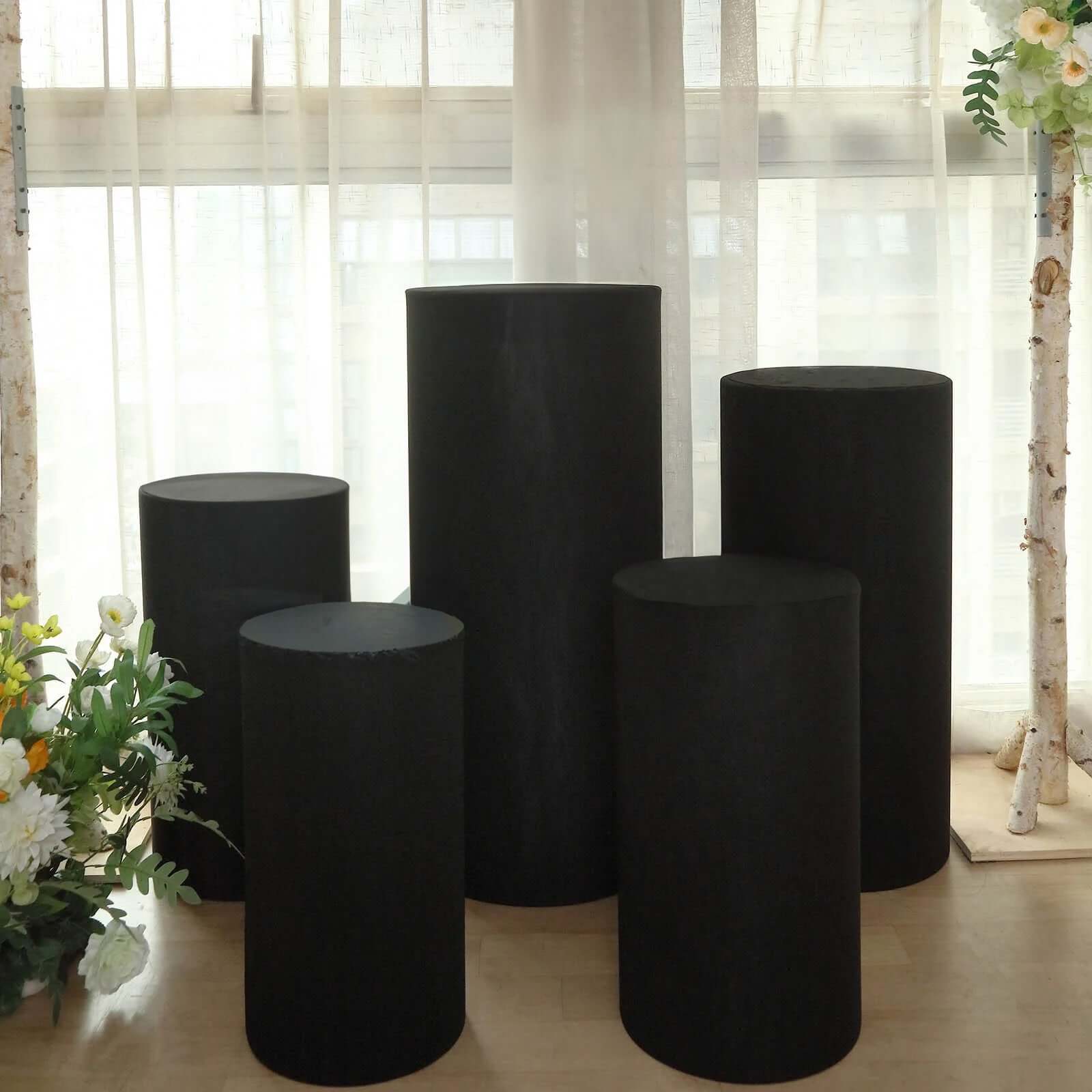 Set of 5 Black Spandex Cylinder Pedestal Stand Covers, Stretchable Pillar Prop Covers - 160 GSM