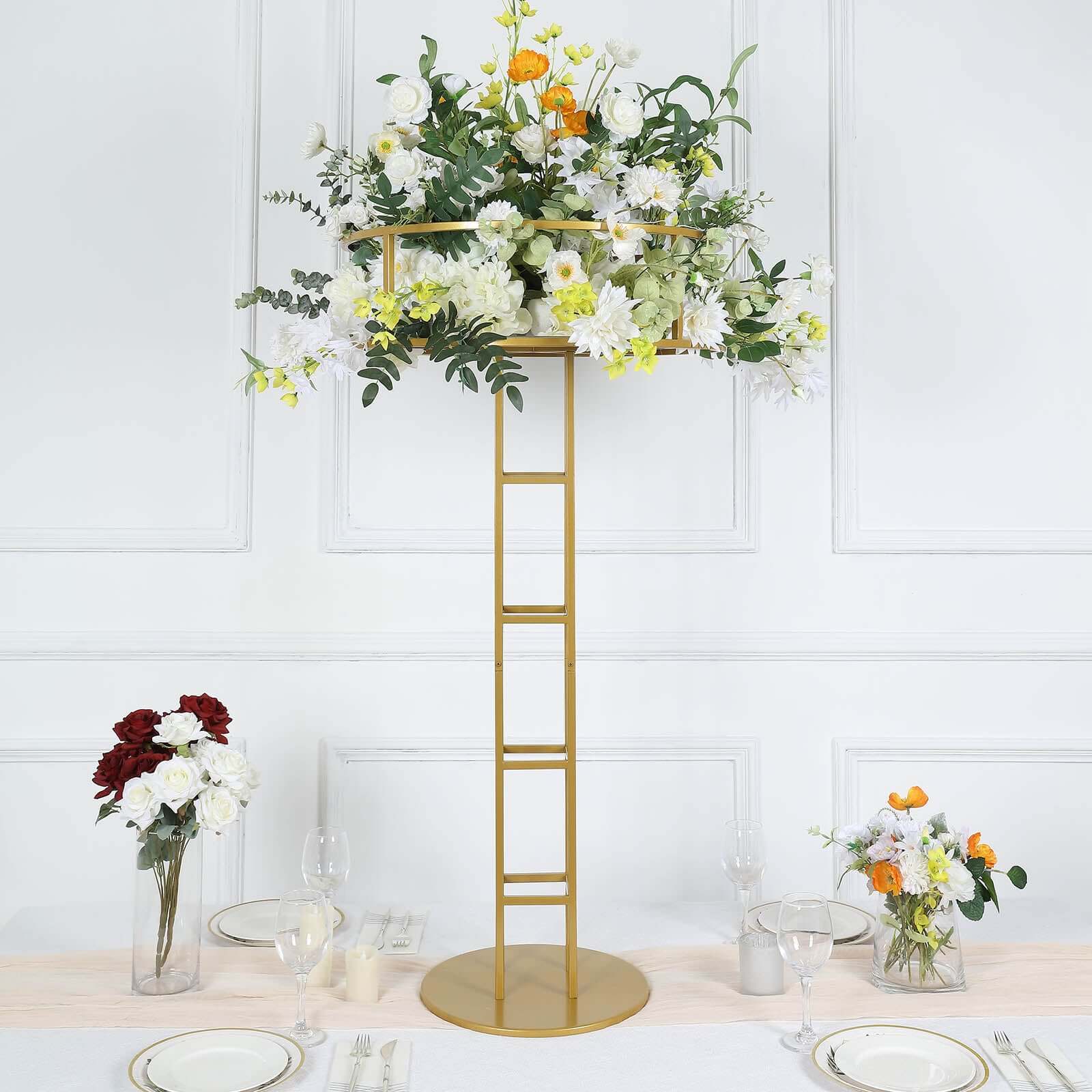 Metal Wedding Centerpiece Open Frame Design Gold - Grand Halo Top Floral Riser Pedestal 46