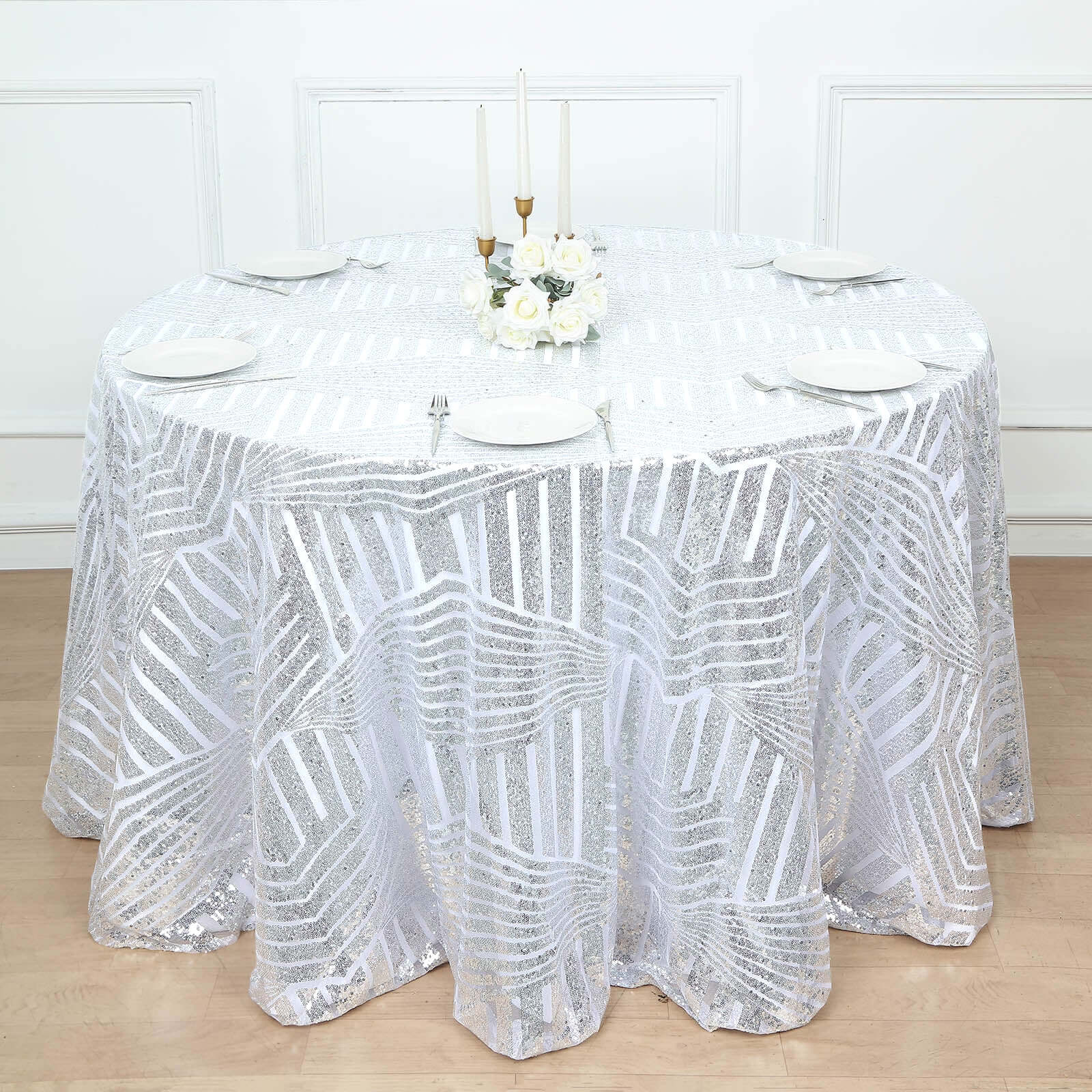 Sequin 120 Round Tablecloth Silver - Seamless Diamond Glitz Table Cover