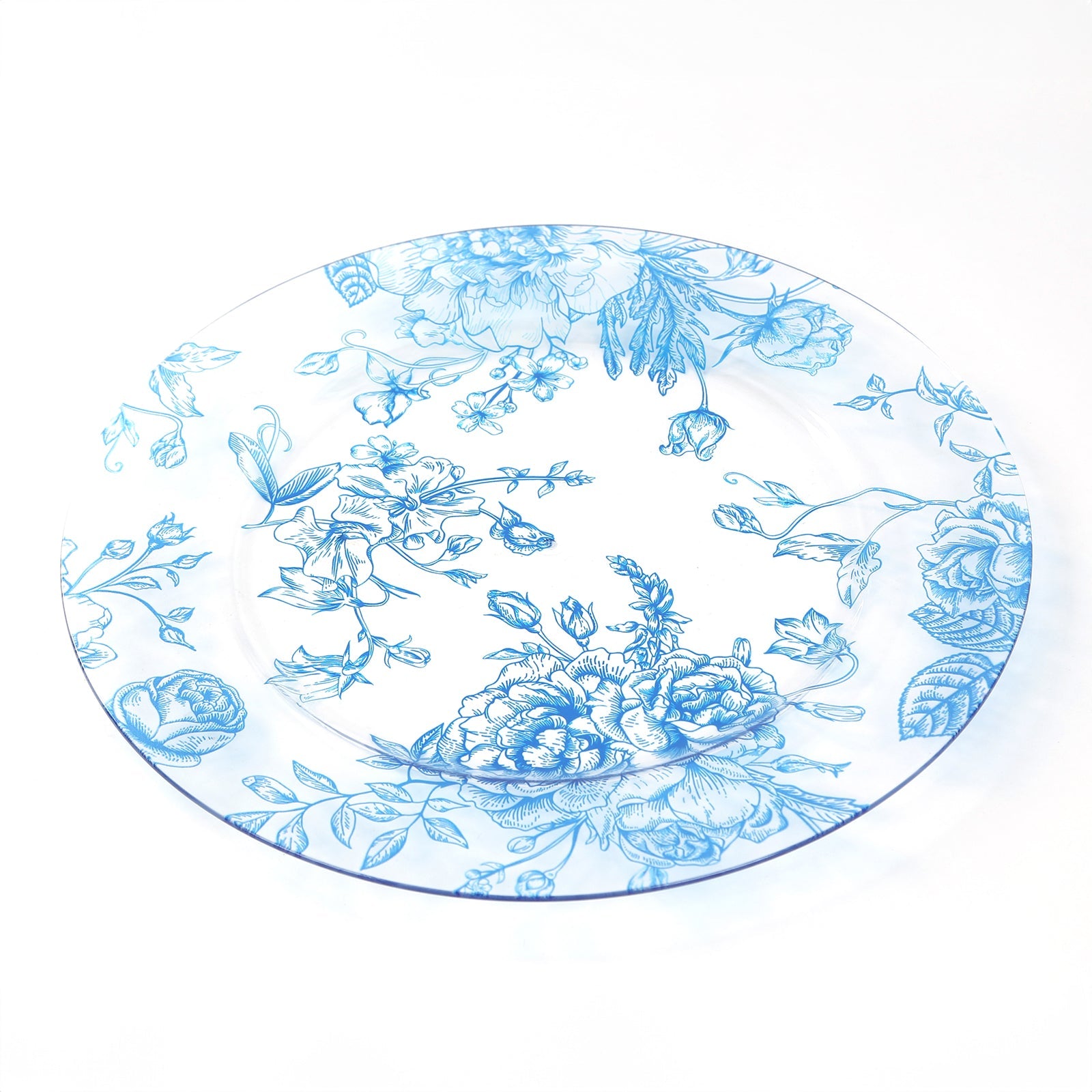 6 Pack Round Floral Acrylic Charger Plates in French Toile Pattern, 13 Clear Light Blue Dinner Charger Event Tabletop Decor