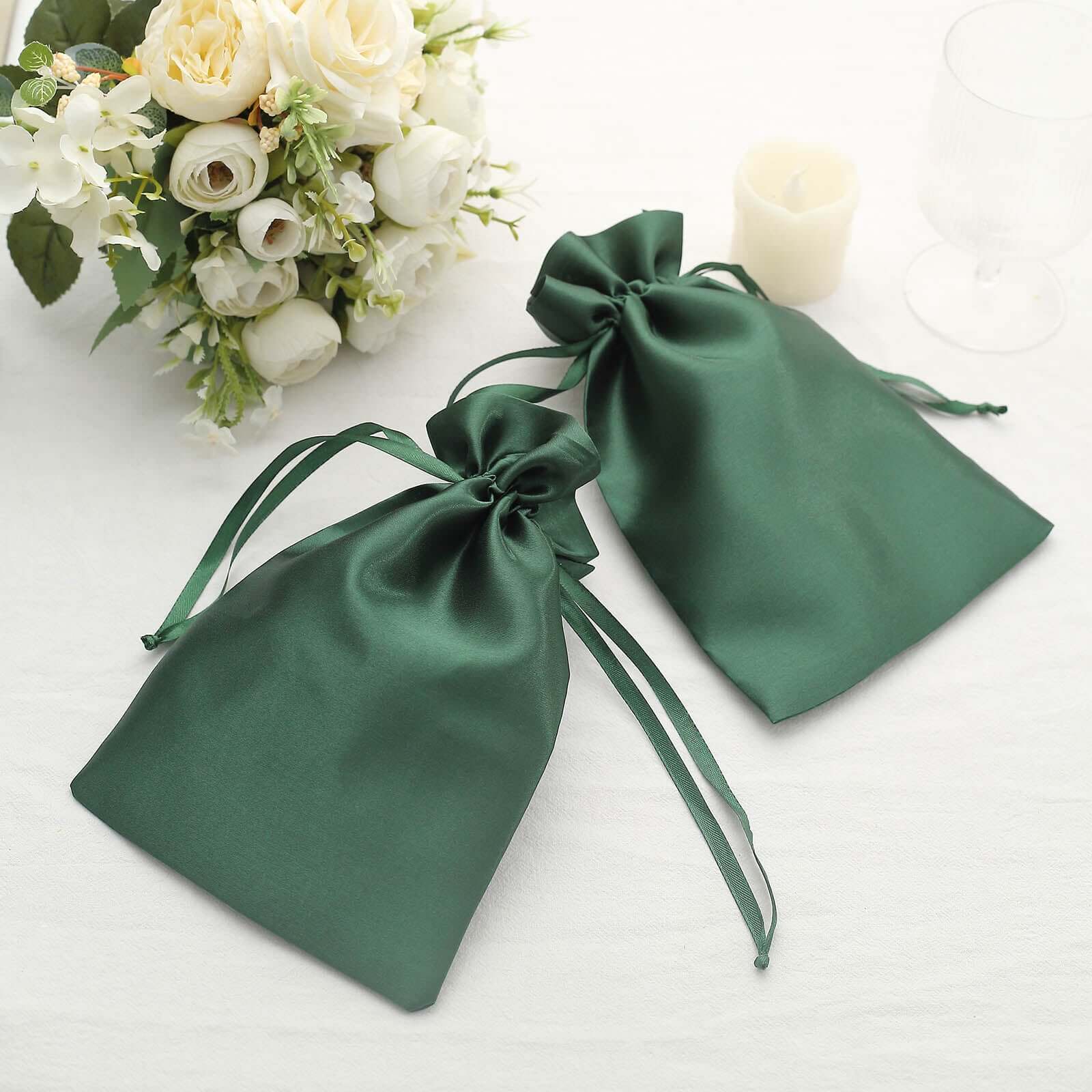 12 Pack 6x9 Hunter Emerald Green Satin Wedding Party Favor Bags, Drawstring Pouch Gift Bags