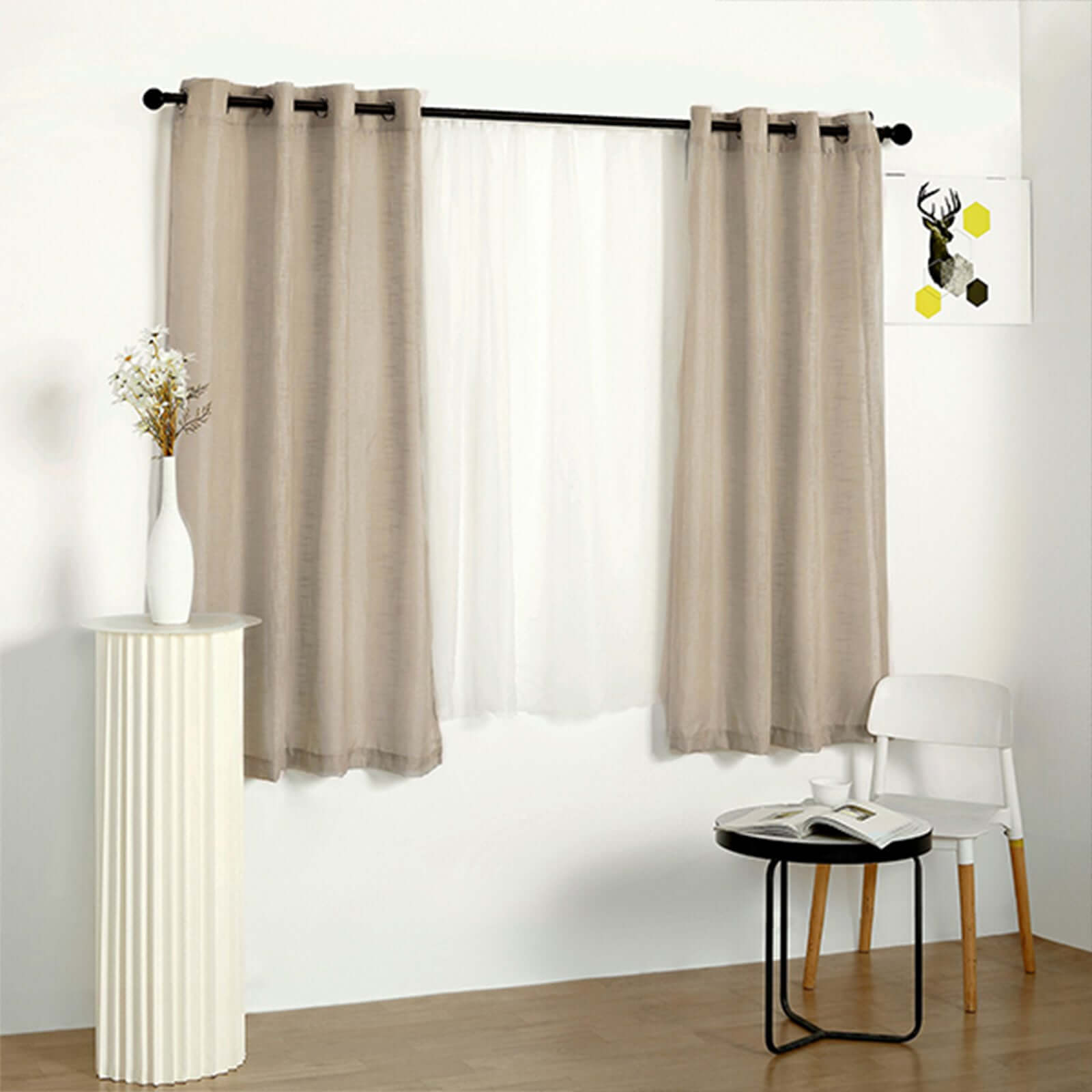 2 Pack Handmade Beige Faux Linen Curtains 52x64, Curtain Panels With Chrome Grommets