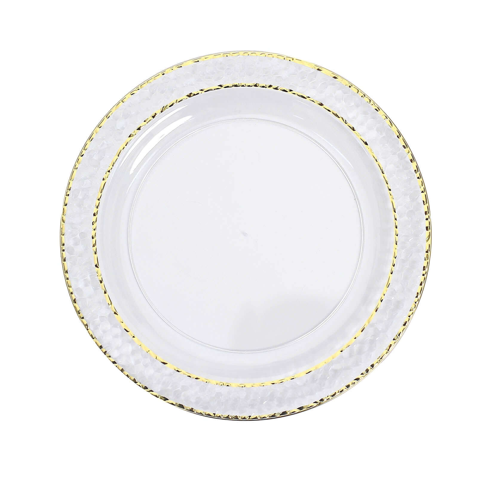 10-Pack Plastic 10 Round Dinner Plates in Clear Hammered Design with Gold Rim - Disposable Party Plates for Chic Banquets & Special Occasions