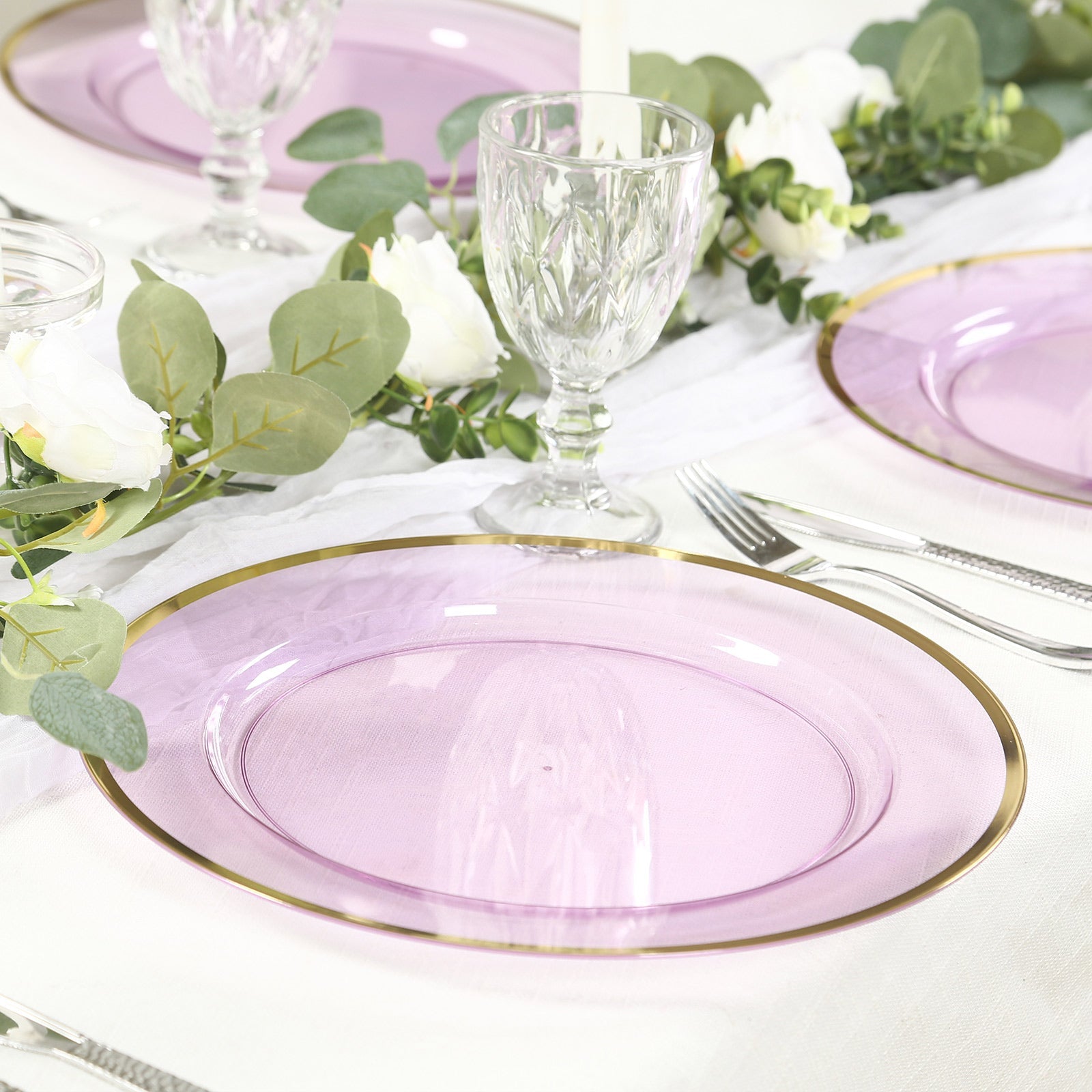 10 Pack Purple Economy Plastic Charger Plates With Gold Rim, 12 Round Transparent Dinner Chargers Event Tabletop Decor