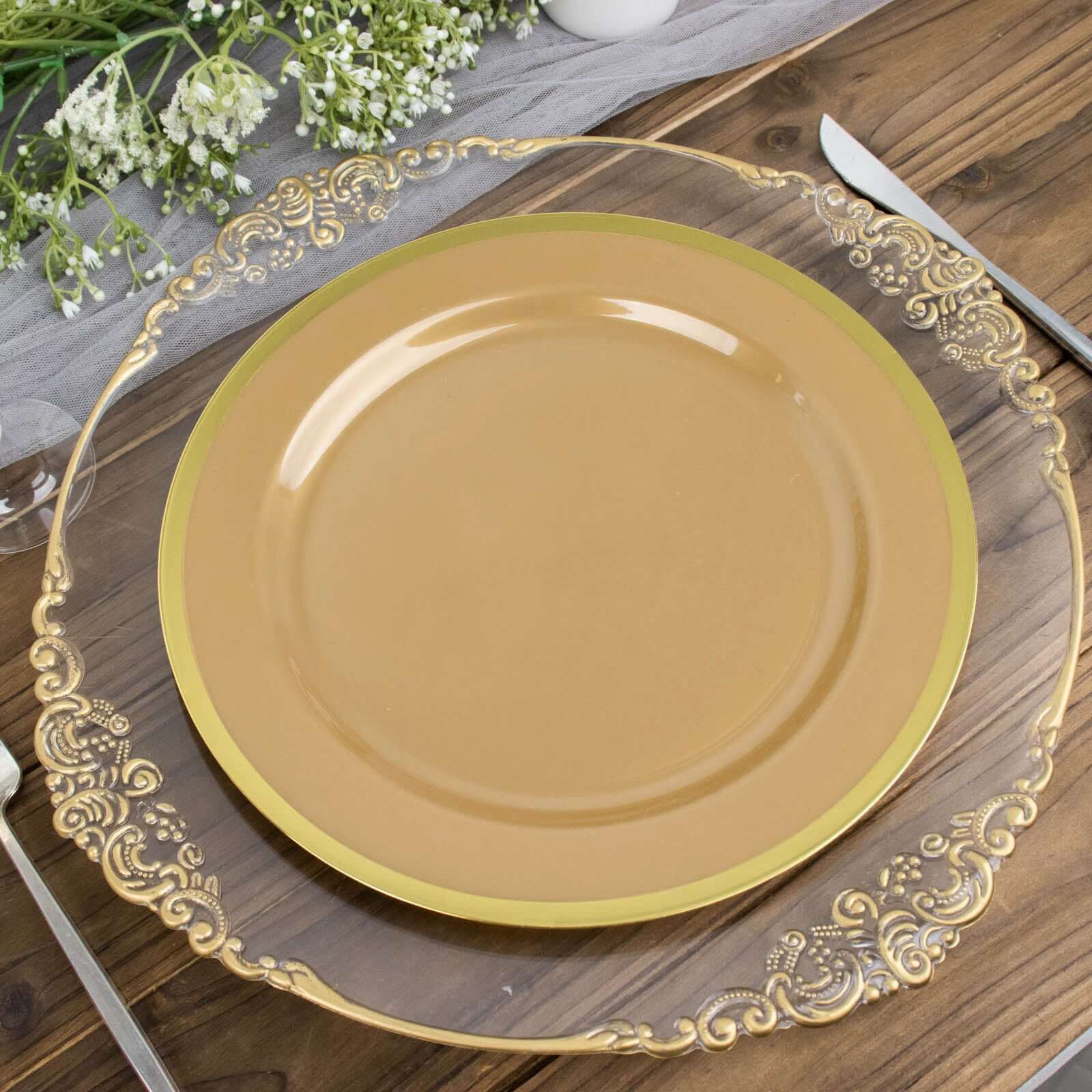 10-Pack Plastic 10 Round Dinner Plates in Gold with Gold Rim - Disposable Party Plates for Classy Banquets & Special Occasions