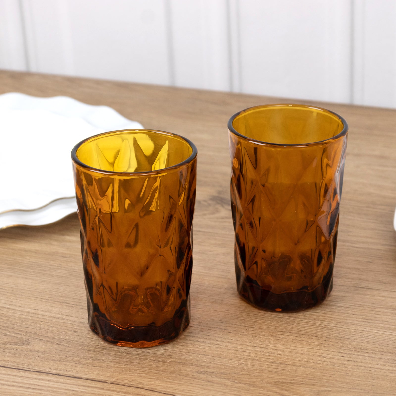 6-Pack Whiskey Glasses Amber Gold Textured Crystal Cut Design with Heavy Base - Transparent Highball Tumblers for Parties & Events 12oz 5