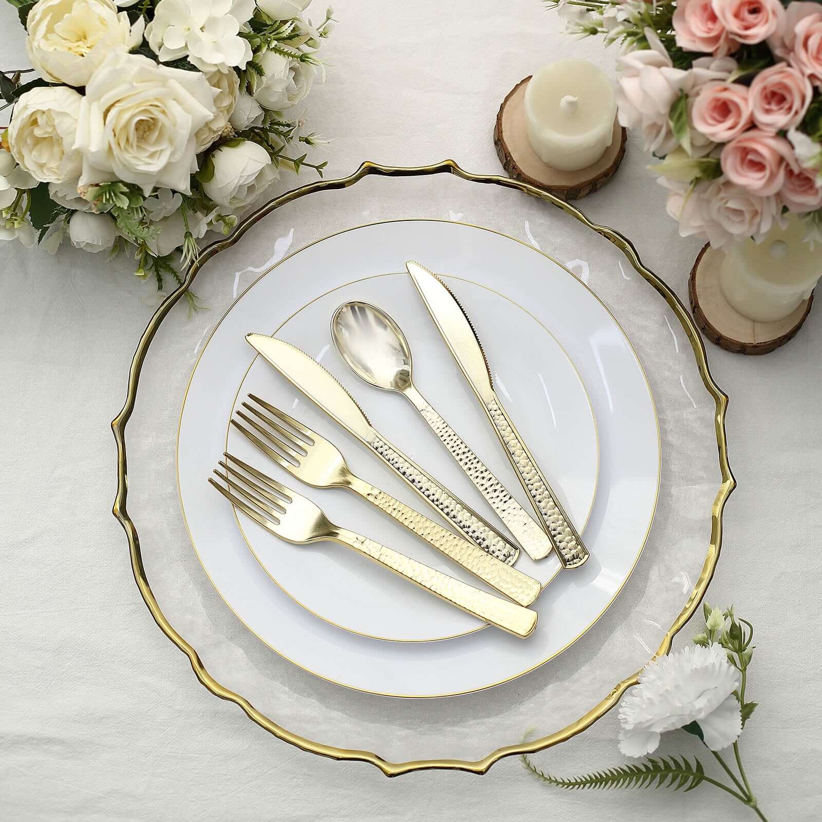 24-Pack Plastic Silverware Set with Hammered Design Gold - Heavy Duty Disposable Utensils 7