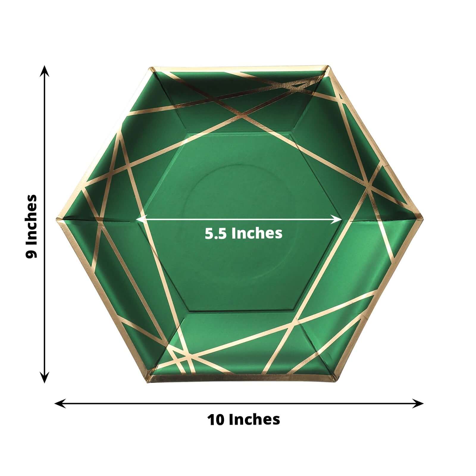 25-Pack Paper 9 Hexagon Dinner Plates in Hunter Emerald Green with Gold Geometric Lines & Rim - Stylish Disposable Geometric 300GSM Party Plates