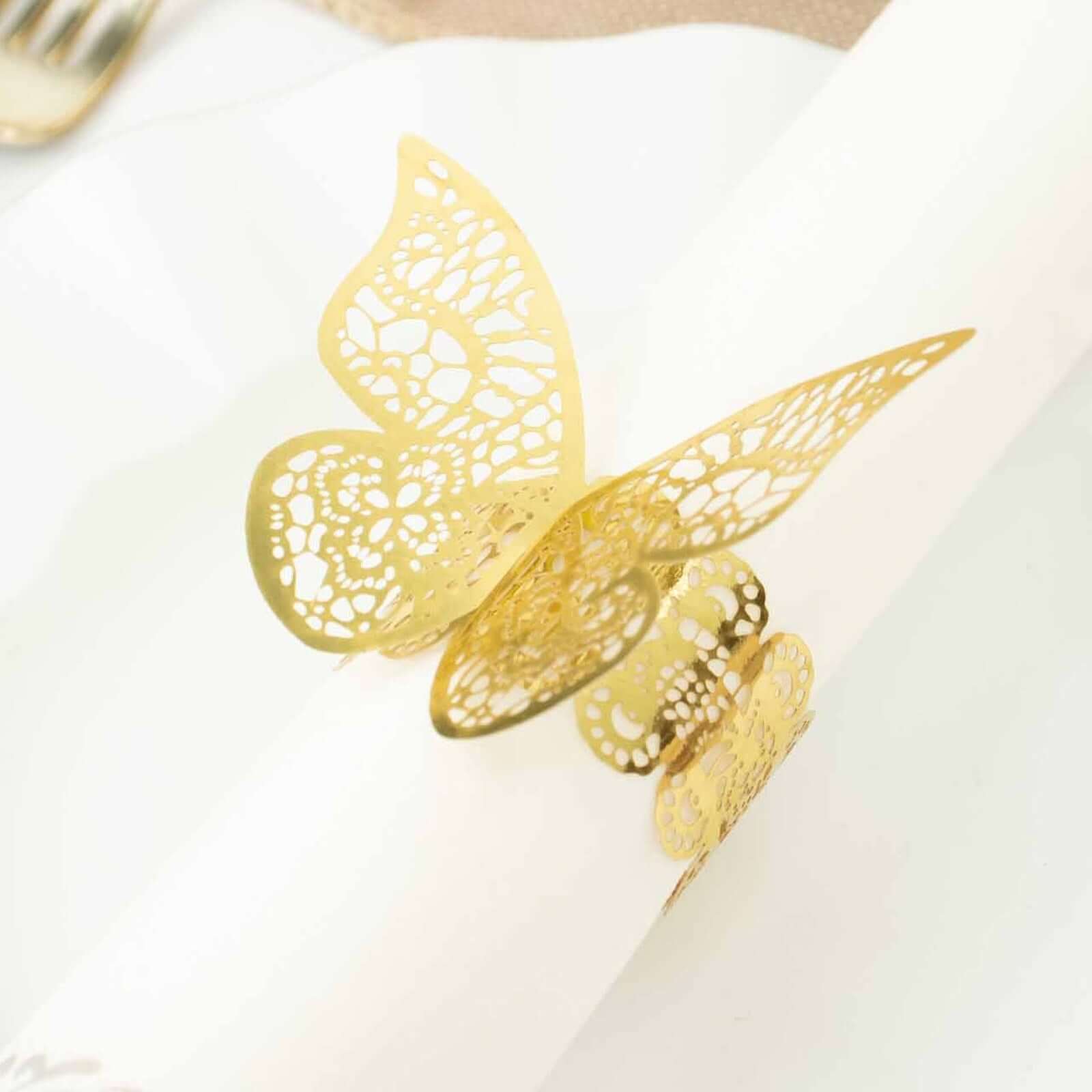 12-Pack Paper Napkin Rings Laser Cut Butterfly Metallic Gold - Decorative Serviette Holders for Events