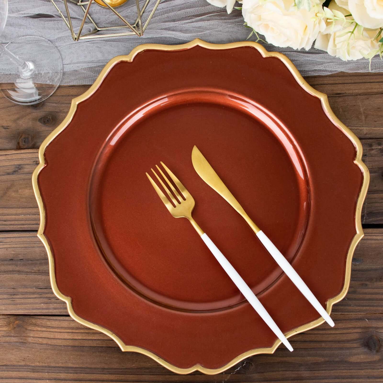 6-Pack Acrylic Round Charger Plates 13 in Terracotta (Rust) with Gold Scalloped Rim, Decorative Dinner Party Plastic Charger Tableware