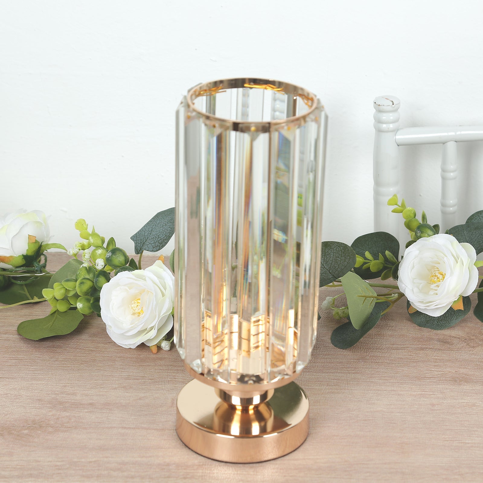 2 Pack 11 Crystal Pendant Hurricane Candle Holders in Gold, Elegant Cylinder Design for Pillar Candles, Short-Stemmed, Decorative Table Centerpieces