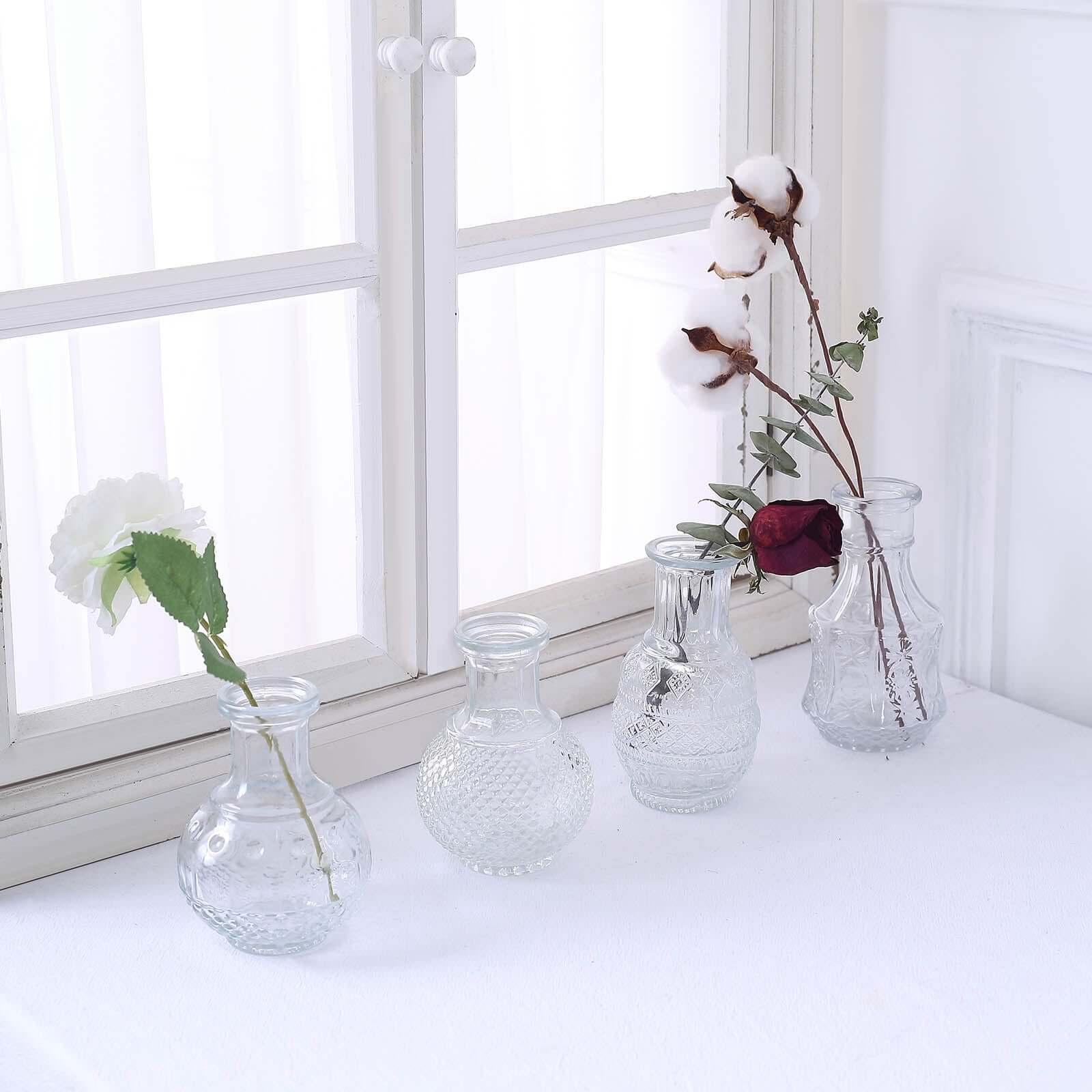 Set of 4 Clear Glass Bud Vases Antique - Vintage Wedding Table Centerpieces for Flowers