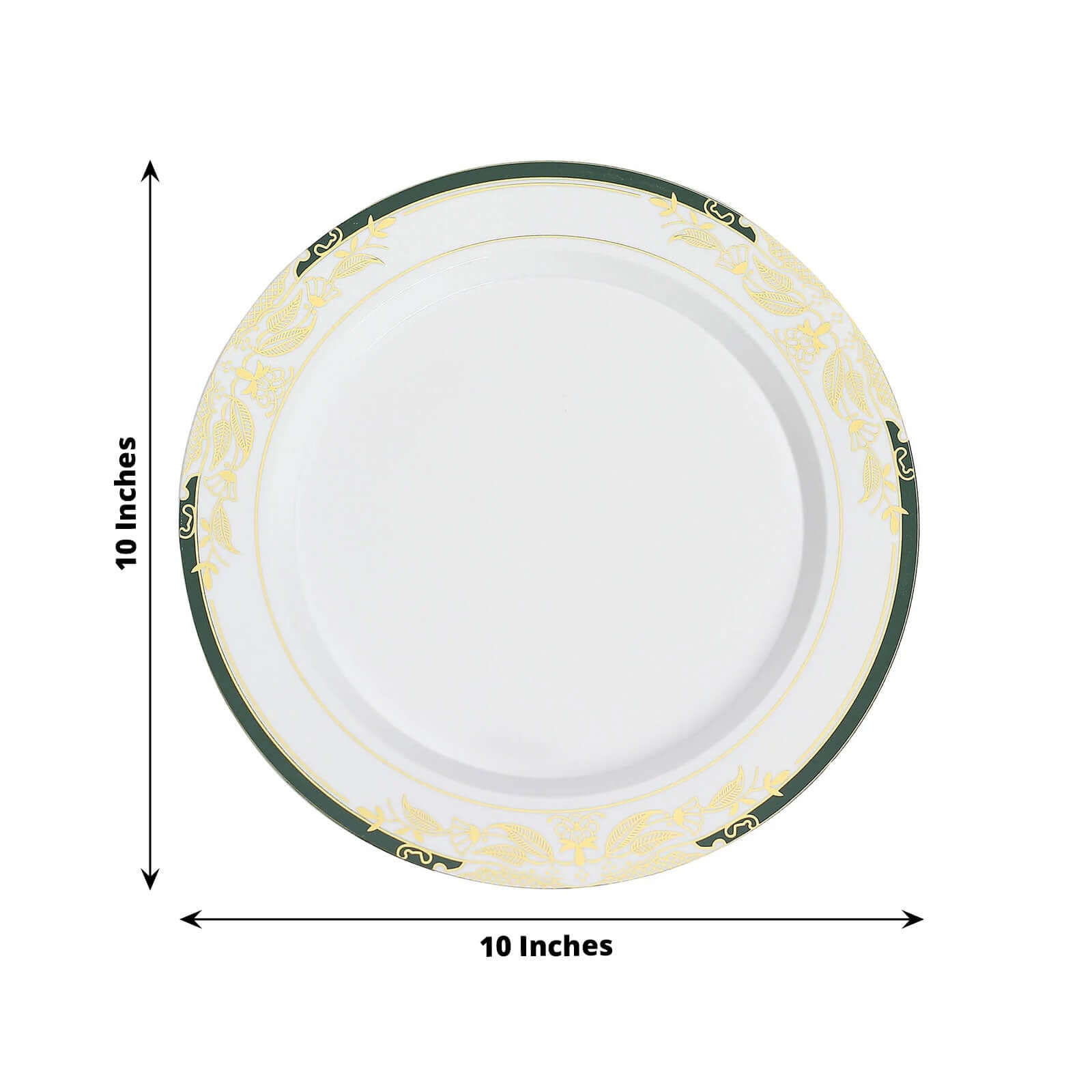 10-Pack Plastic 10 Round Dinner Plates in White with Hunter Emerald Green Rim - Stylish Gold Vine Design Disposable Party Plates for Special Occasions & Celebrations