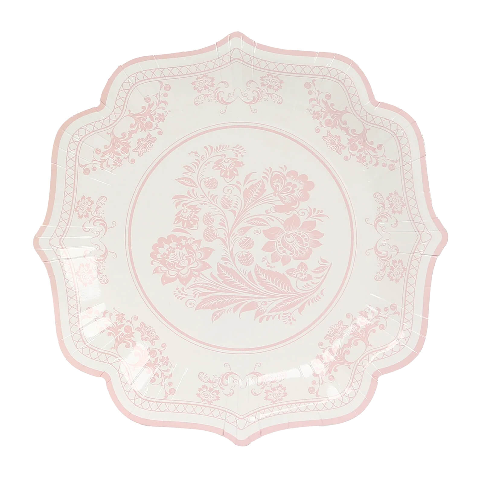 25-Pack Paper Dinner Plates in White with Pink French Toile Print & Scallop Rim - Stylish Disposable 300GSM Floral Party Plates 10