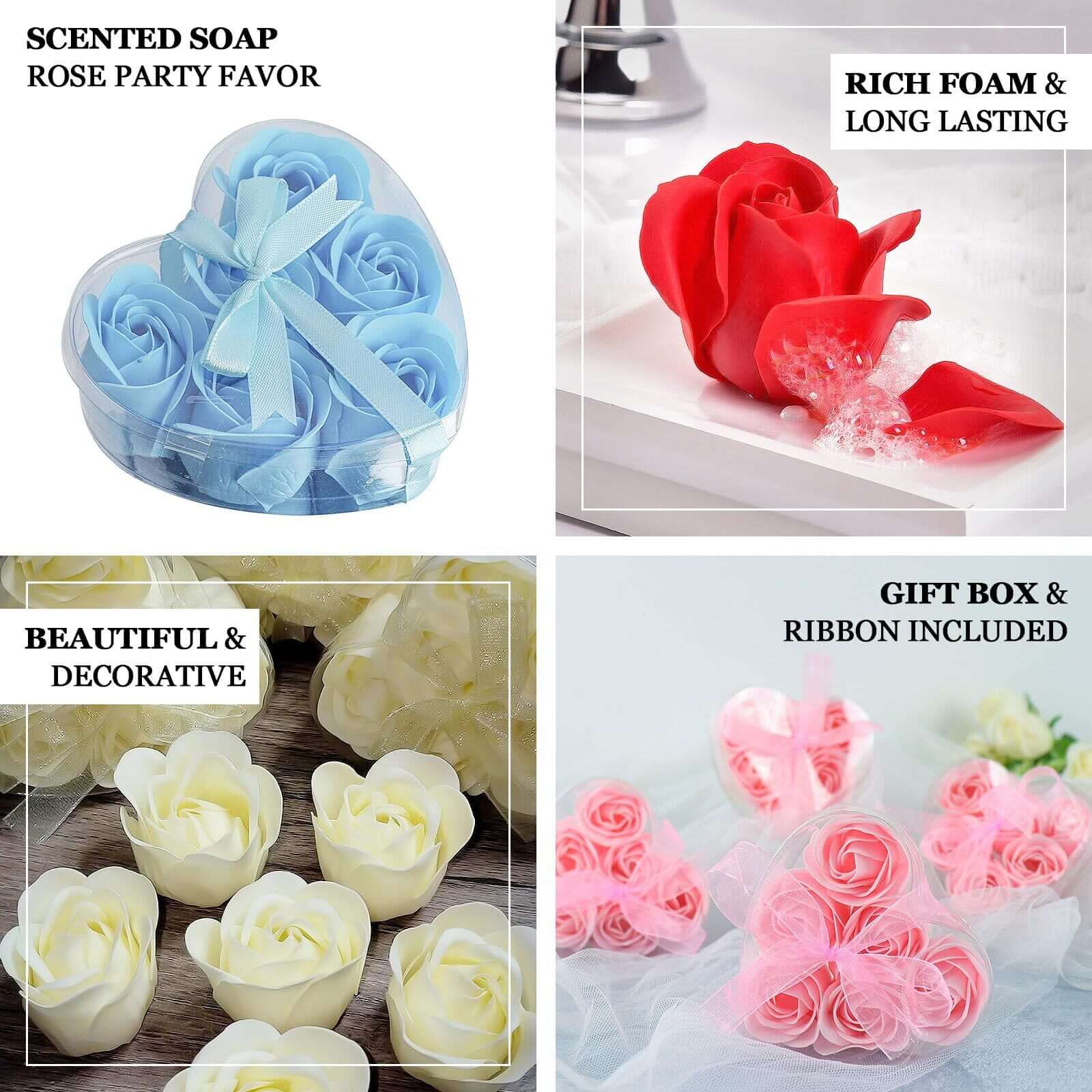 4 Pack 24 Pcs Ivory Scented Rose Soap Heart Shaped Party Favors With Gift Boxes And Ribbon