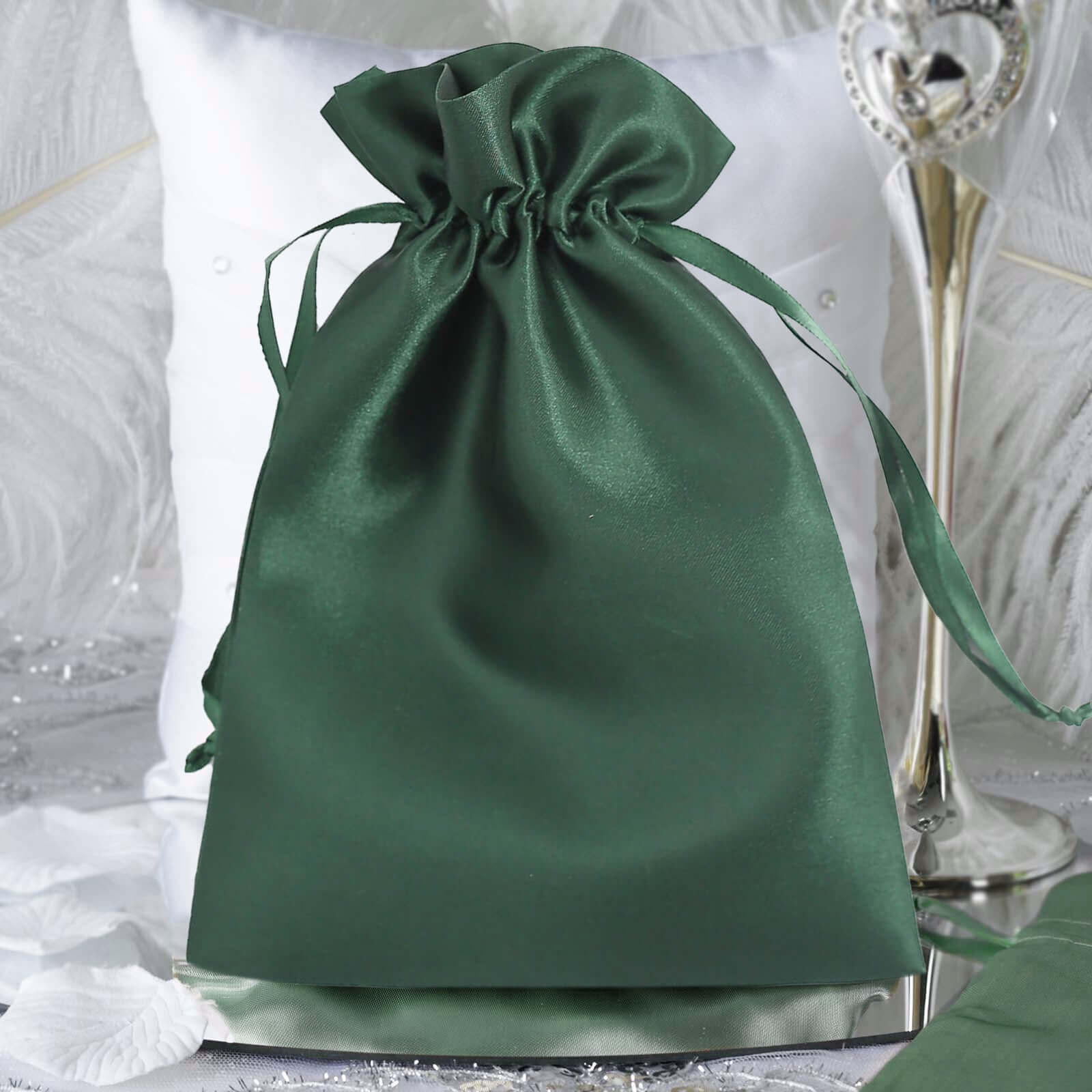 12 Pack 6x9 Hunter Emerald Green Satin Wedding Party Favor Bags, Drawstring Pouch Gift Bags