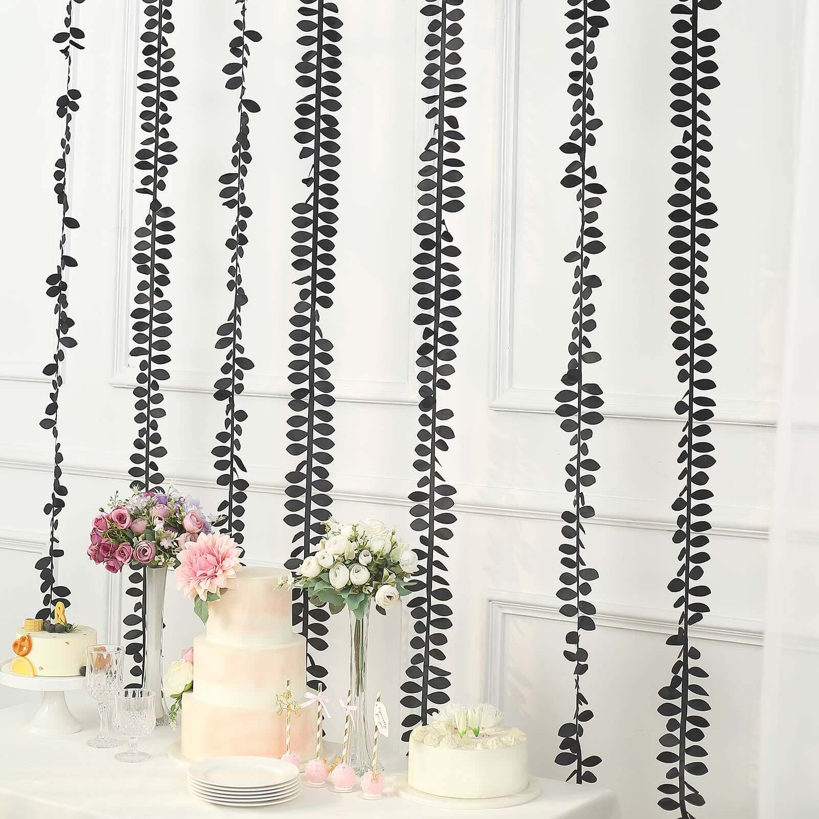 Taffeta Ribbon Sash with 4 Leaf Petal Design Black 50ft - Sophisticated Artificial Fabric Garland for Events