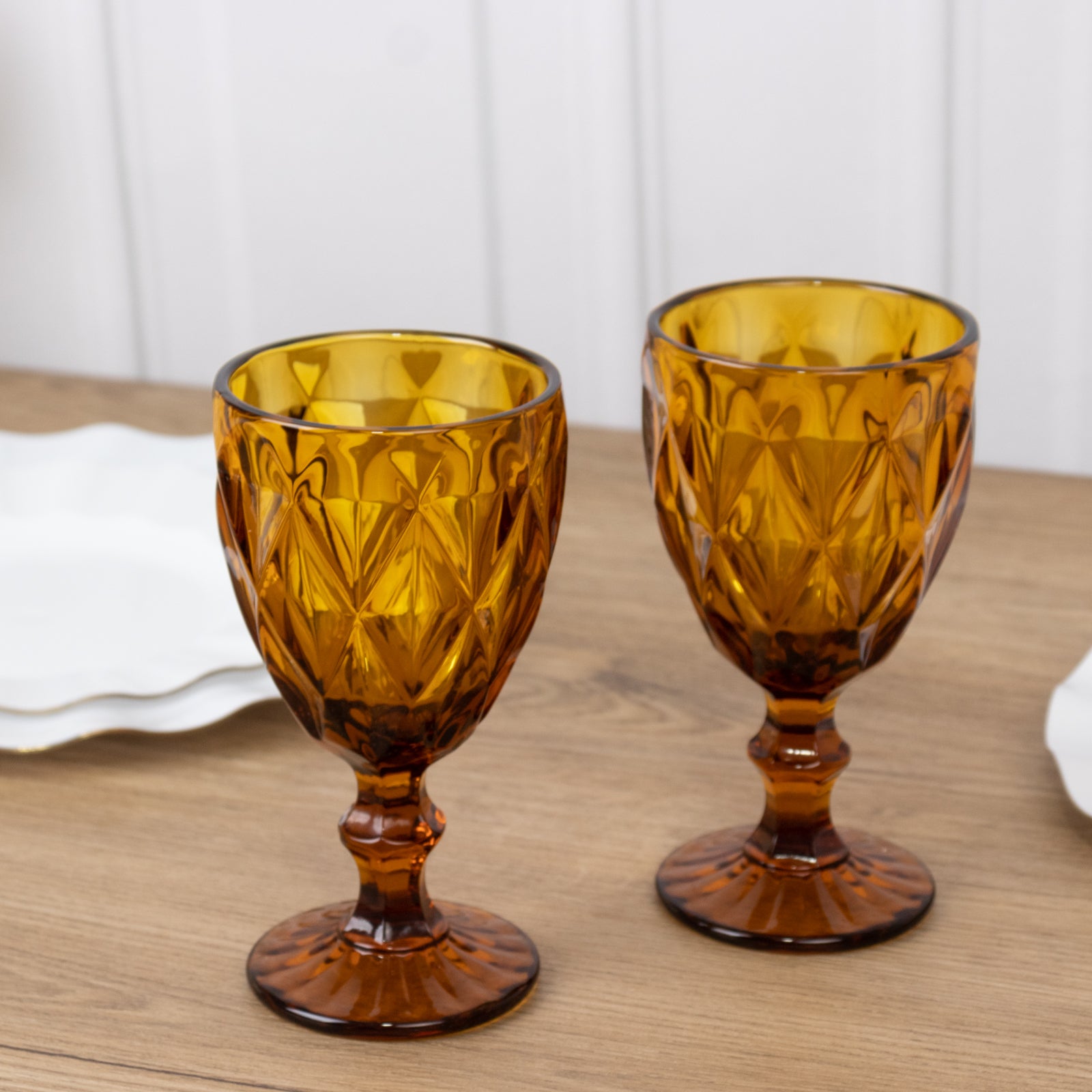 6-Pack Wine Glasses Amber Gold Embossed Crystal Cut Design Stemmed - Transparent Colored Goblets for Parties & Events 12oz 7