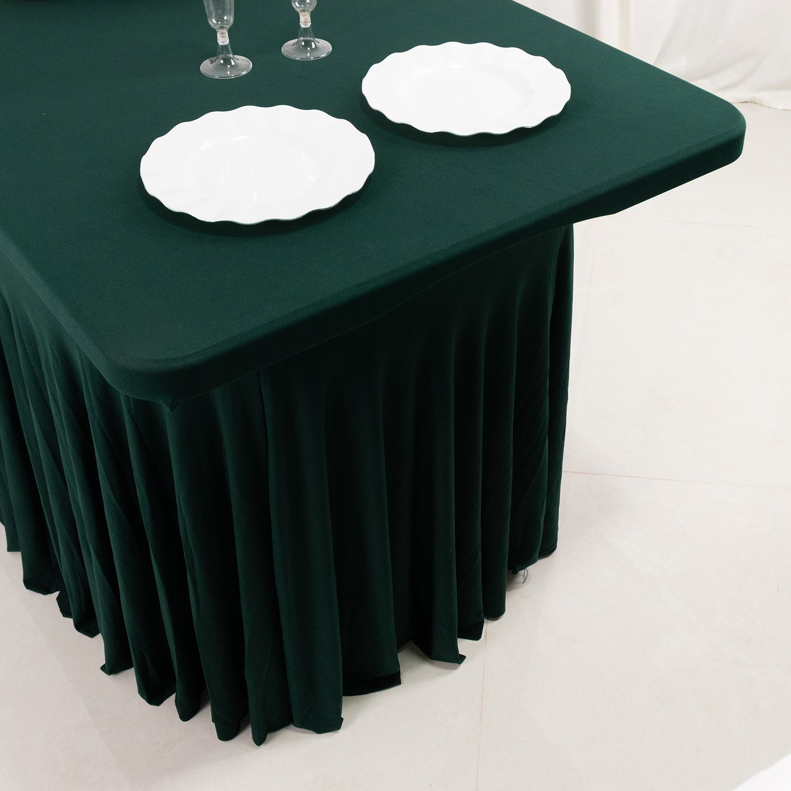 Spandex Rectangle 72x30 Table Skirt Hunter Emerald Green with Wavy Skirt-Like Effect Table Cover