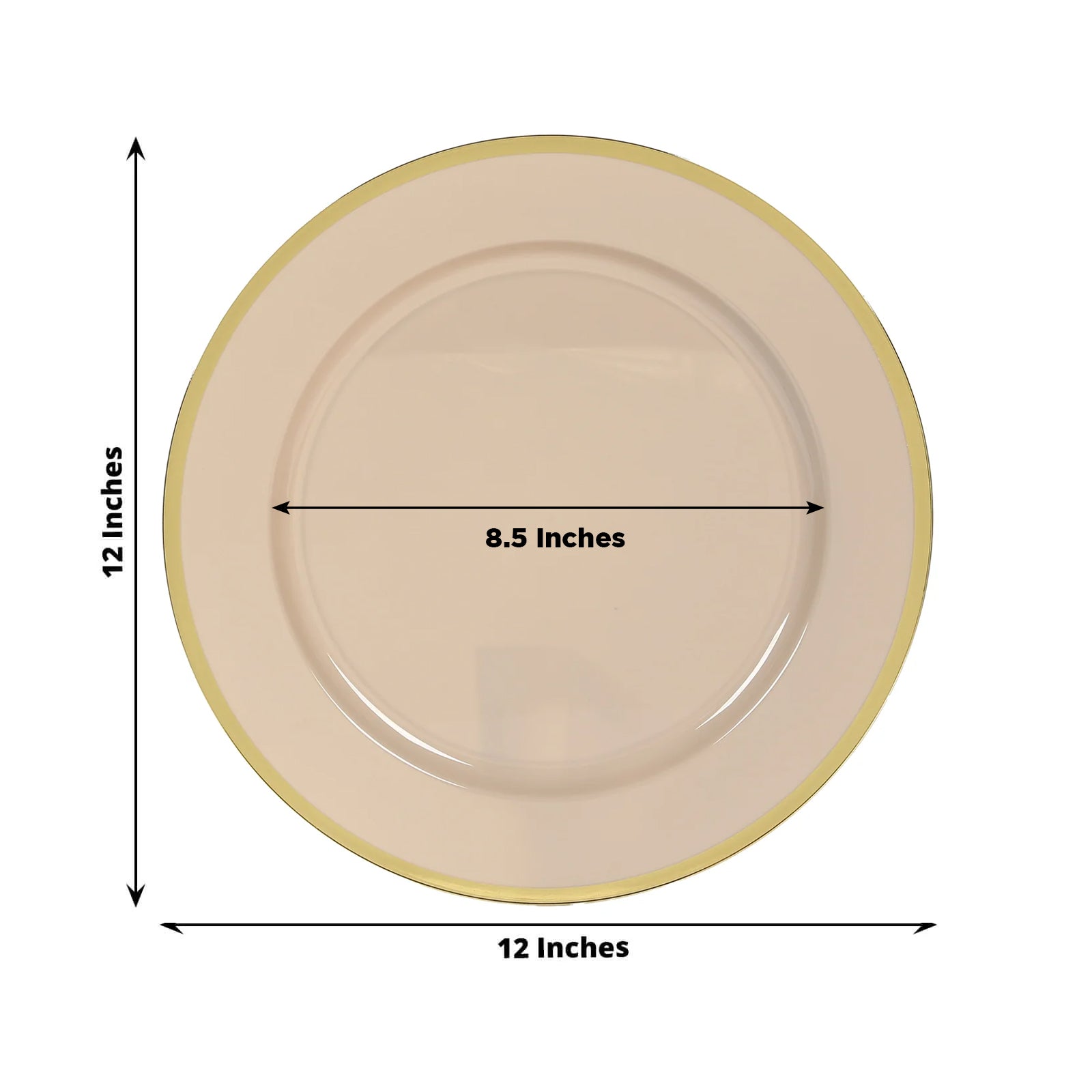 10 Pack Taupe Economy Plastic Charger Plates With Gold Rim, 12 Round Dinner Chargers Event Tabletop Decor