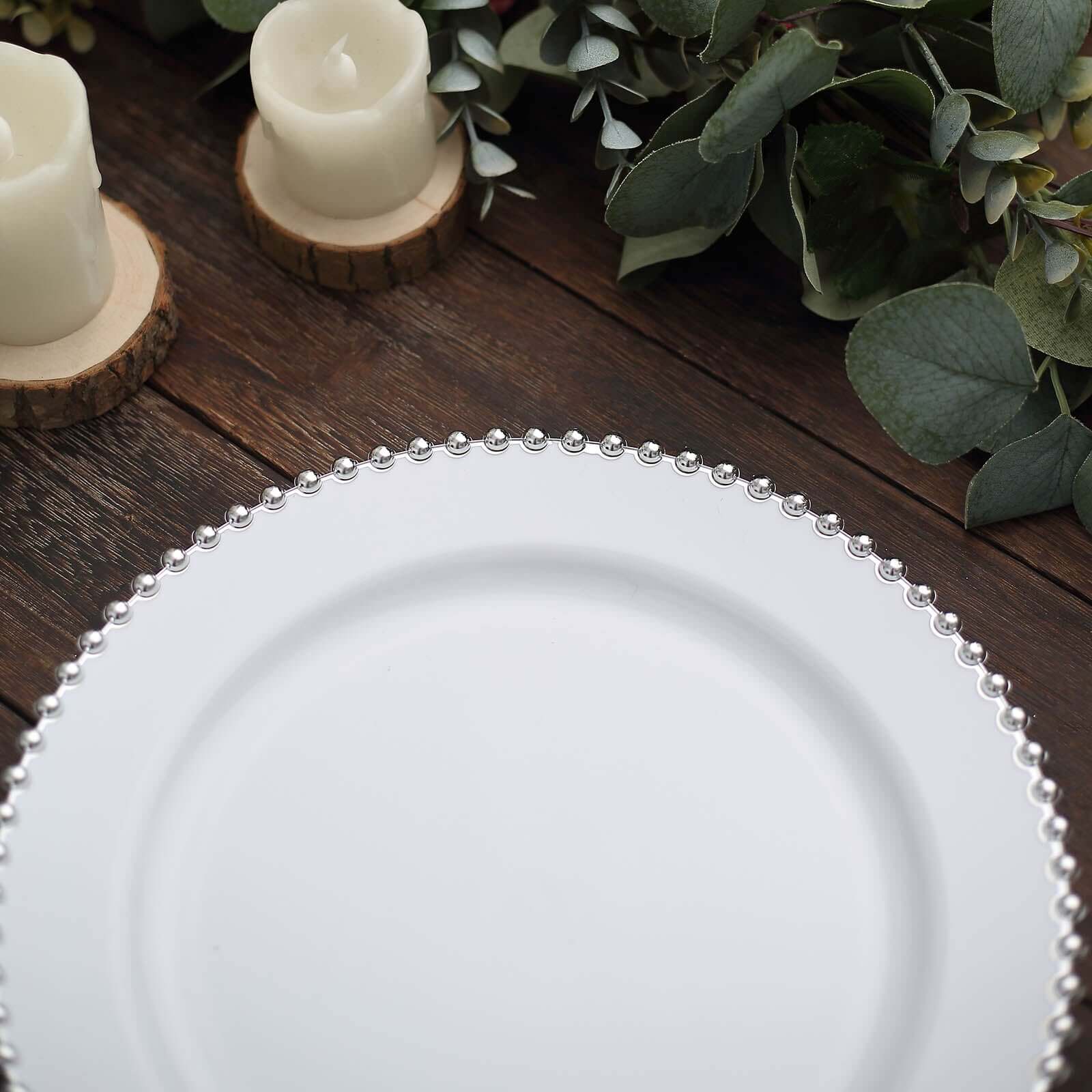 10-Pack Plastic 10 Round Dinner Plates in White with Silver Beaded Rim - Disposable Party Plates