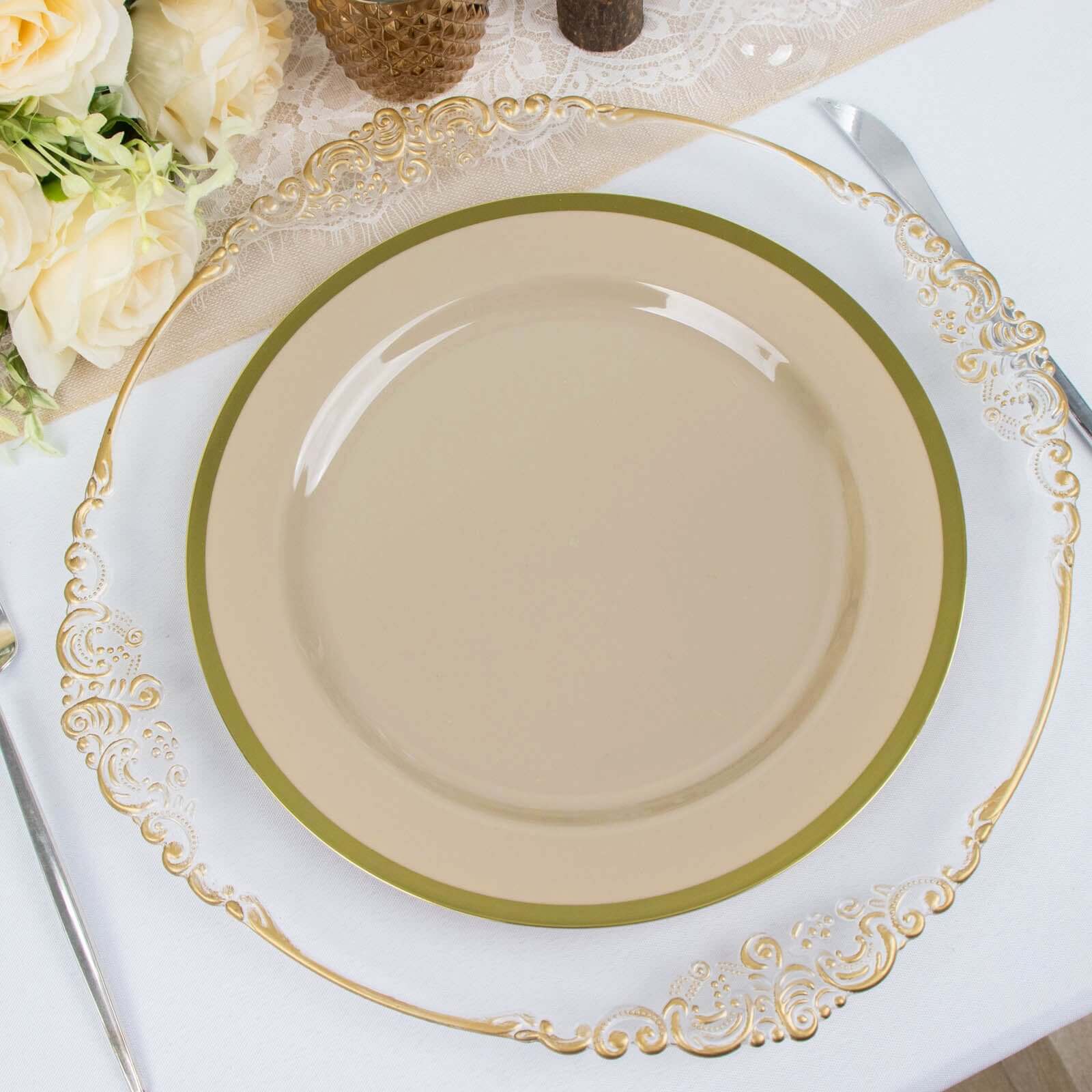 10-Pack Plastic 10 Round Dinner Plates in Taupe with Gold Rim - Disposable Party Plates for Classy Banquets & Special Occasions