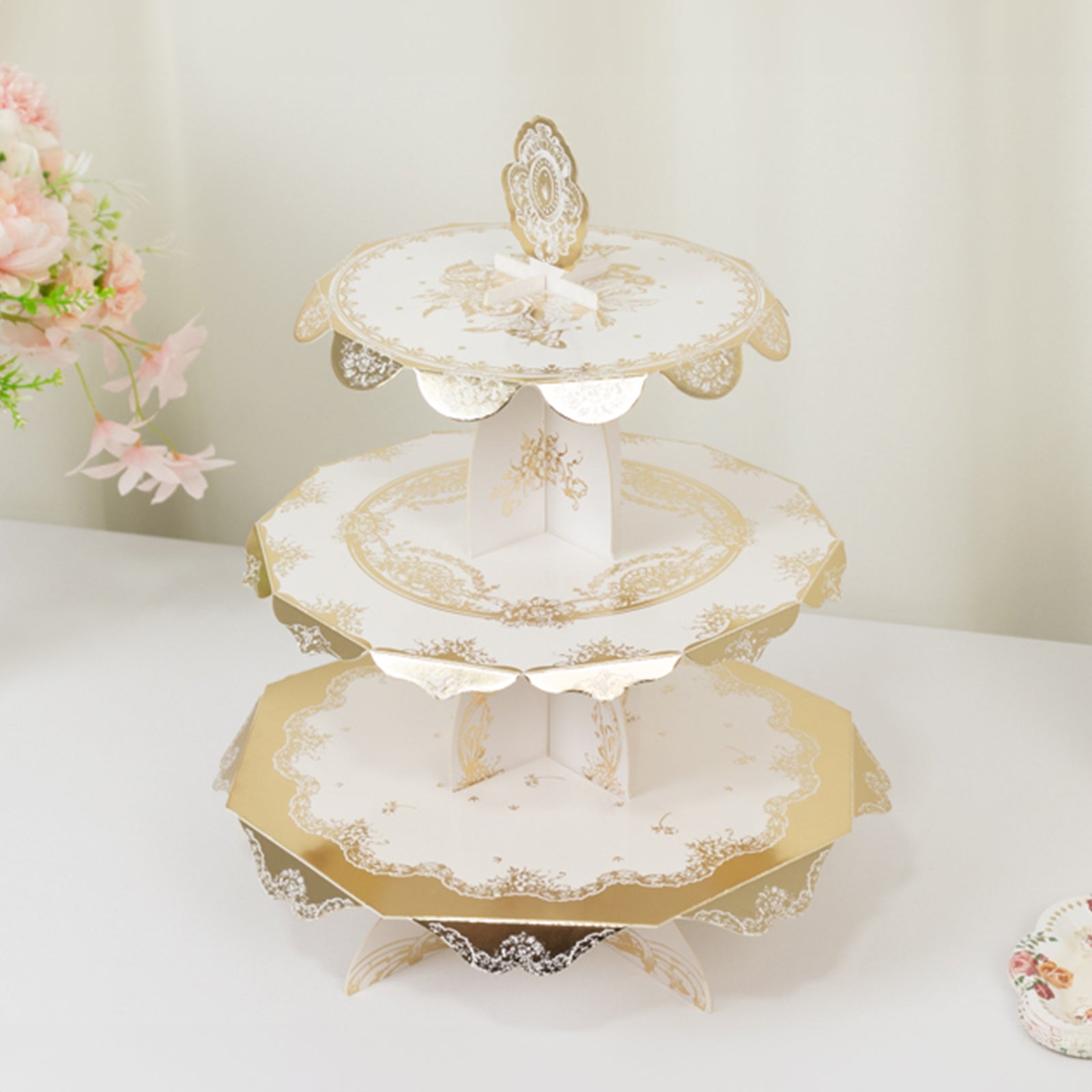 2-Pack 3-Tier Cupcake Display Stands with Vintage Floral Pattern, White Gold Round Cardboard Dessert Towers - 15