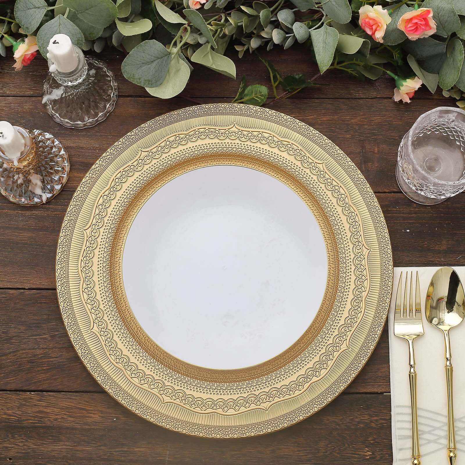 6-Pack Acrylic Round Charger Plates 13 in Gold with Lace Embossed Rim, Rustic Plastic Decorative Charger Tableware