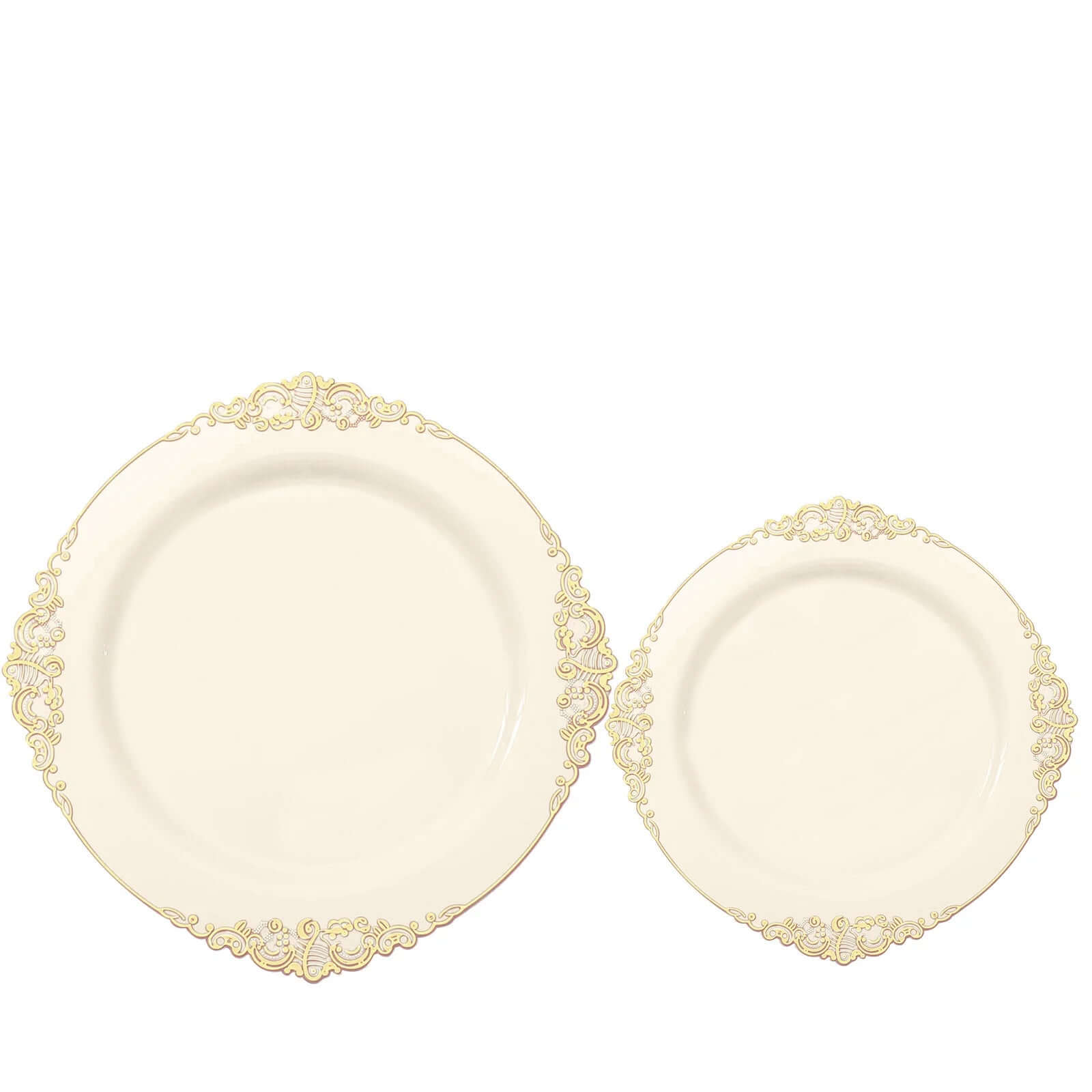 10-Pack Plastic 10 Round Dinner Plates in Ivory with Gold Leaf Embossed Rim - Disposable Vintage Baroque Style Plates