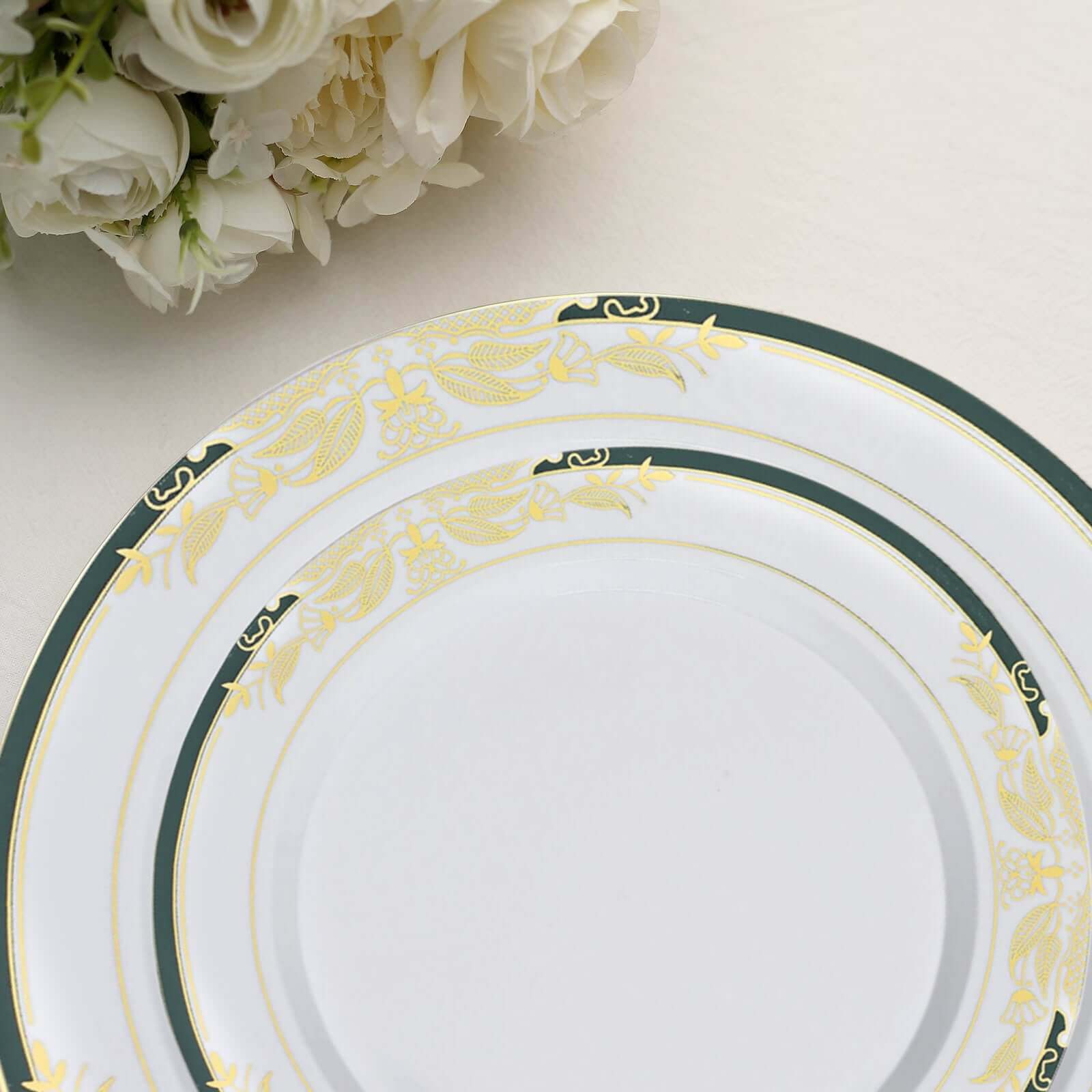 10-Pack Plastic 10 Round Dinner Plates in White with Hunter Emerald Green Rim - Stylish Gold Vine Design Disposable Party Plates for Special Occasions & Celebrations