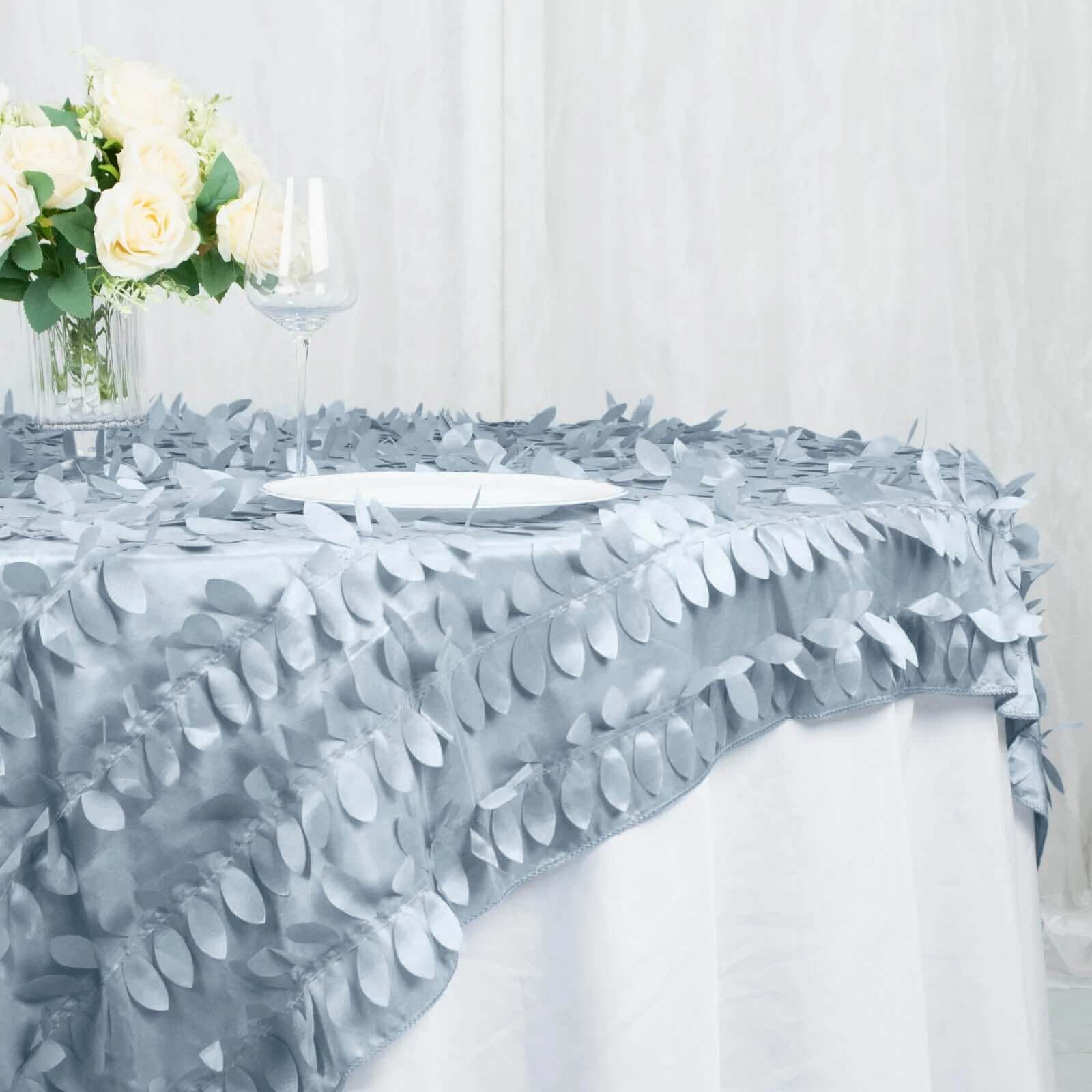 Taffeta 72x72 Table Overlay Square Tablecloth Dusty Blue - 3D Leaf Petal Table Cover