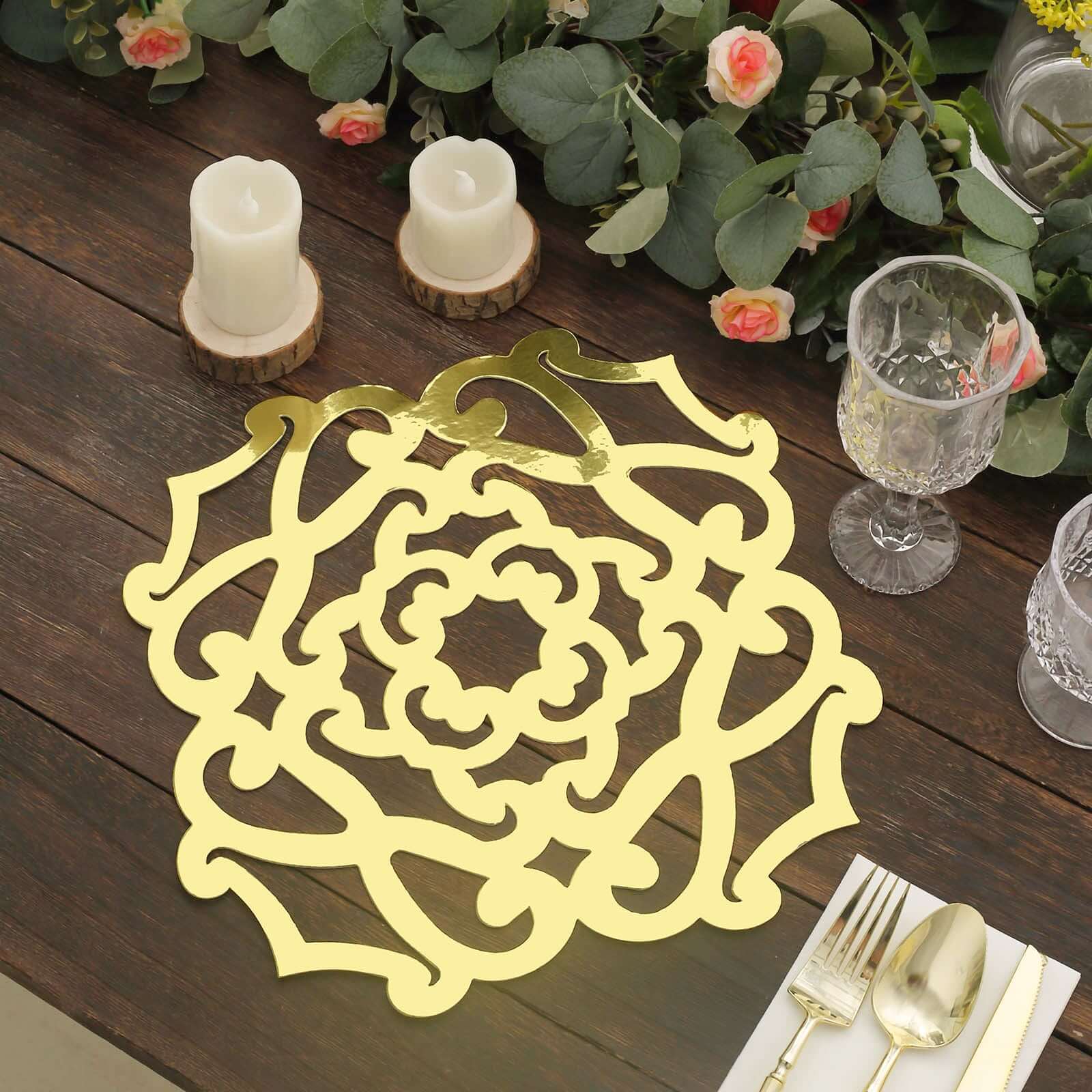 6-Pack Disposable Table Placemats in Metallic Gold Laser Cut Flower Design - 700GSM Cardboard Placemats for Glamorous Table Settings 13