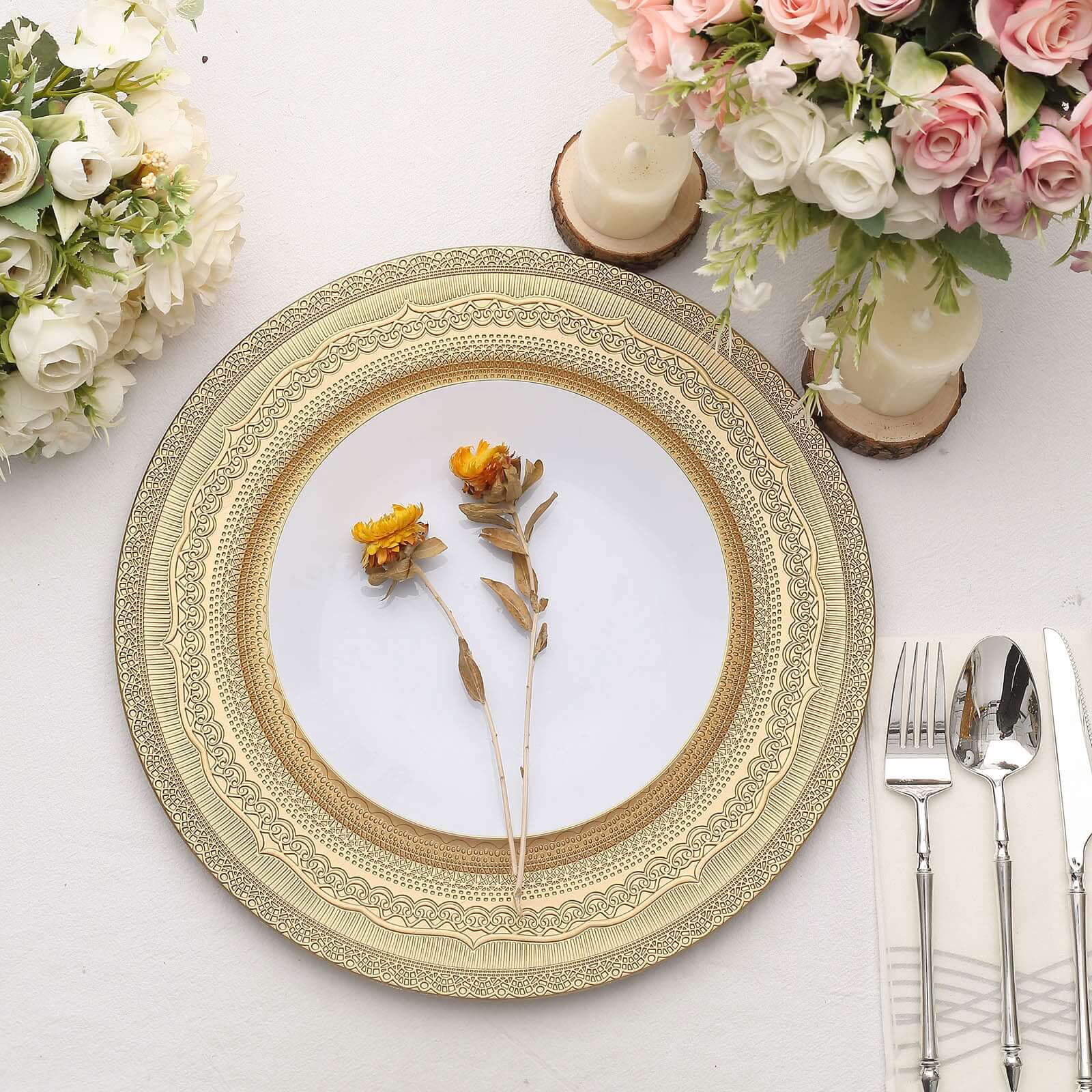 6-Pack Acrylic Round Charger Plates 13 in Gold with Lace Embossed Rim, Rustic Plastic Decorative Charger Tableware