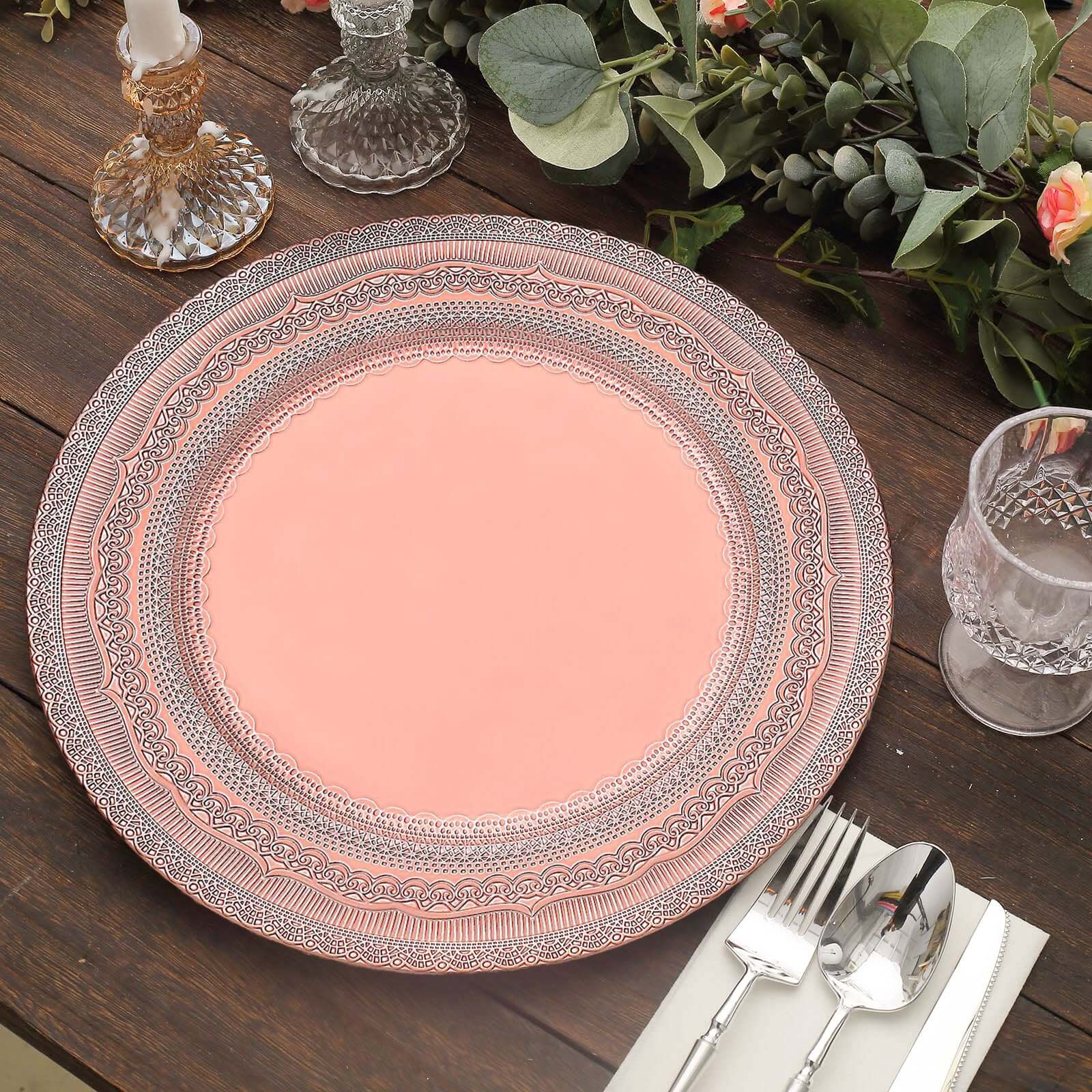 6-Pack Acrylic Round Charger Plates 13 in Rose Gold with Lace Embossed Rim, Rustic Plastic Decorative Charger Tableware