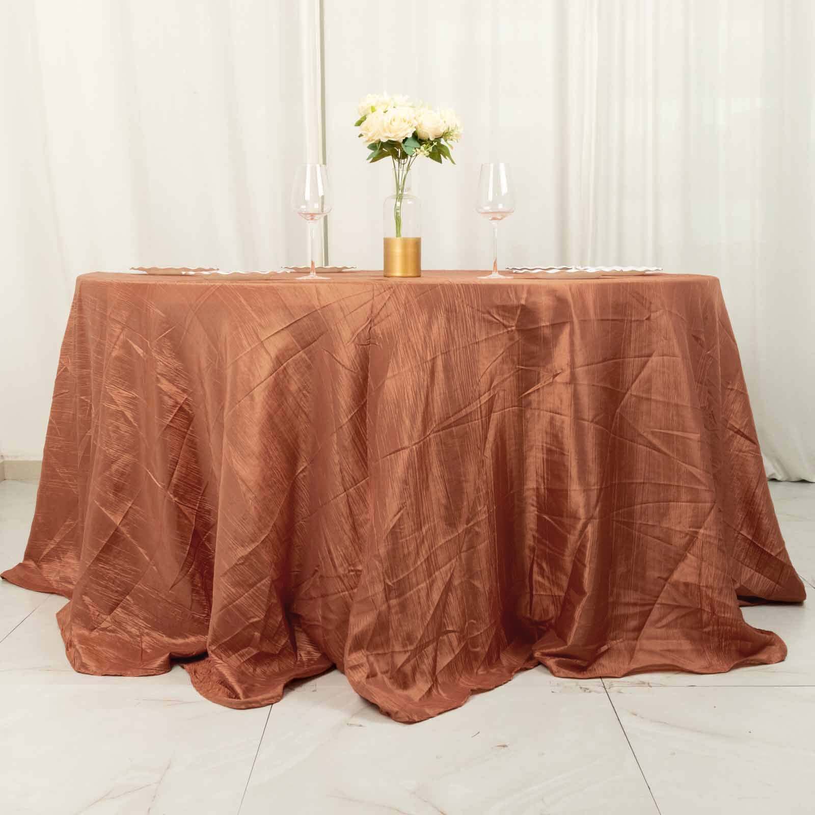 Taffeta 132 Round Tablecloth Terracotta (Rust) - Seamless Accordion Crinkle Table Cover