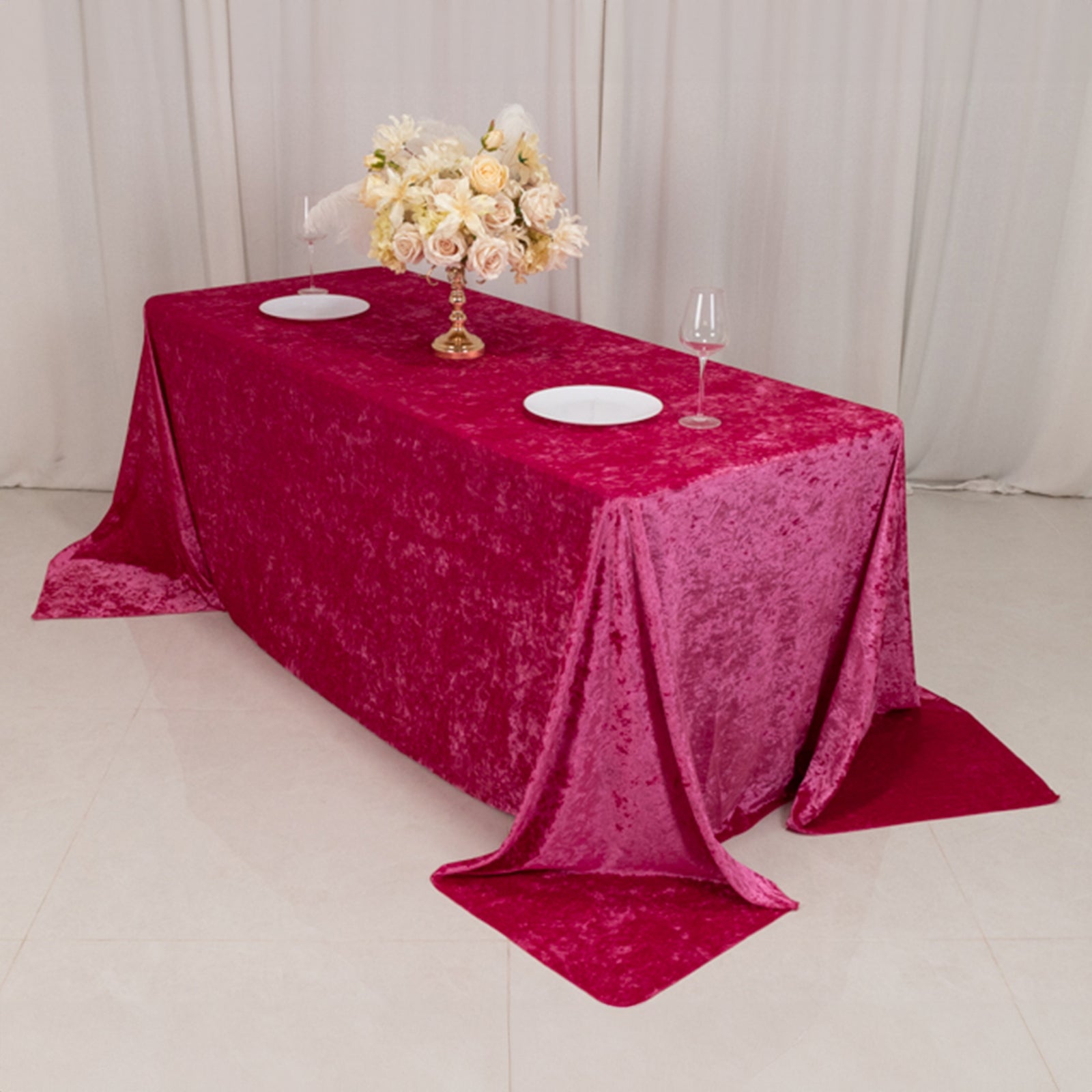 Premium Crushed Velvet 90x132 Rectangle Tablecloth Fuchsia - Reusable Soft & Seamless Table Cover