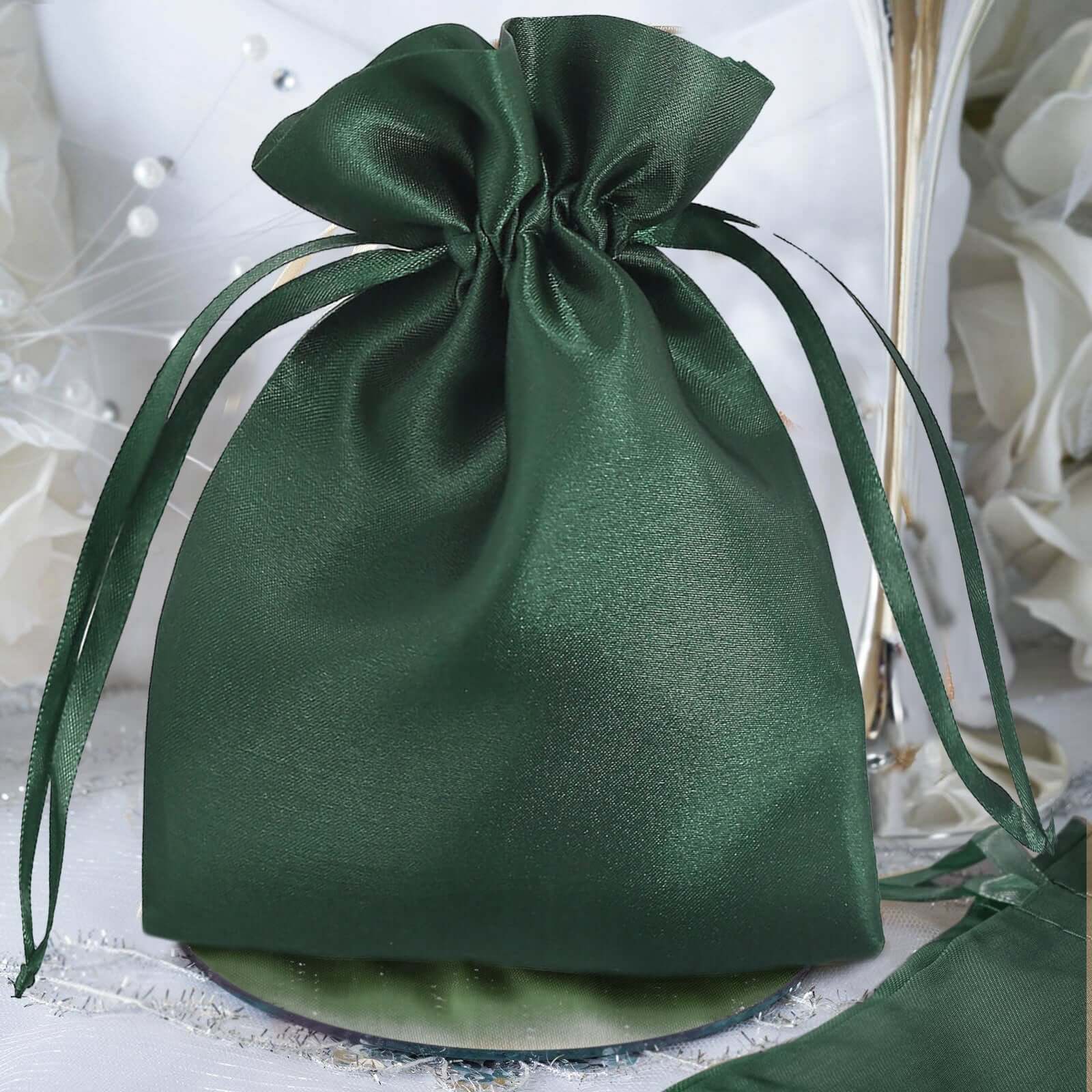 12 Pack 5x7 Hunter Emerald Green Satin Wedding Party Favor Bags, Drawstring Pouch Gift Bags